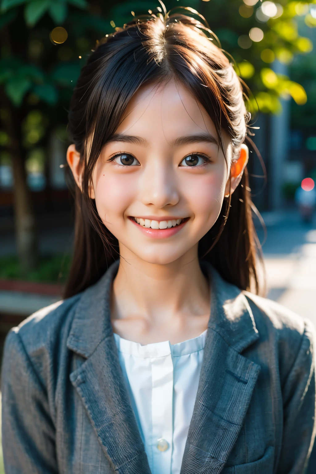 lens: 135mm f1.8, (highest quality),(RAW Photos), (Tabletop:1.1), (Beautiful Japanese girl), Cute face, (Deeply chiseled face:0.7), (freckles:0.4), dappled sunlight, Dramatic lighting, (Japanese School Uniform), (On campus), shy, (Close-up shot:1.2), (smile),, (Sparkling eyes)、(sunlight)
