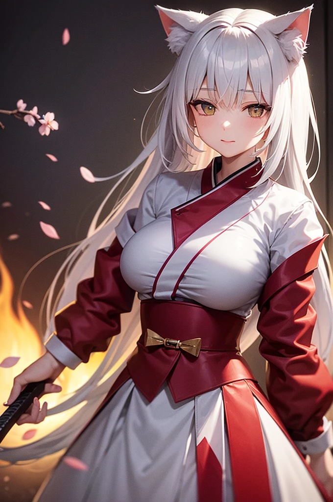 One female(((Cat Person)))((Ponytail))((It has a cat tail))((Large breasts))((Large breasts))(There is movement)kimono((Cherry blossom pattern))(Length)Right hand(Holding a sword)left hand(Holding a sword)Wind Particle Effects Light Armor Front cut A powerful painting It has depth