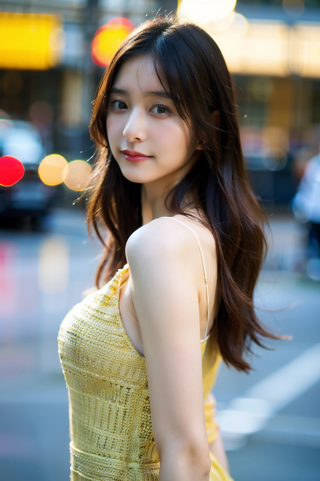 highest quality, masterpiece, Ultra-high resolution, (photoRealistic), RAW Photos,One girl, skinny, Upper Body,alone, Realistic, View your viewers, Long Hair, Bokeh Background, street,Brown eyes, Bohemian dress,  