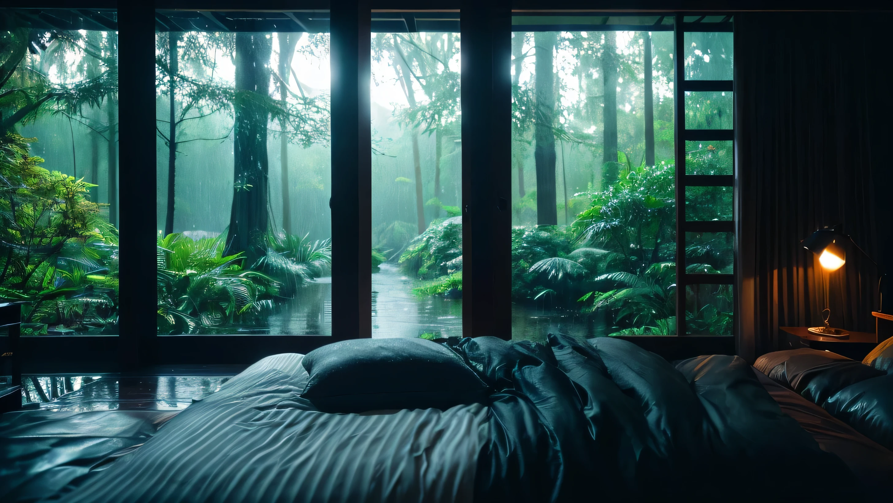 ((highest quality)), ((masterpiece)), (be familiar with), 4K, Dark room, 豪rain, View from the bed, in the forest, rain