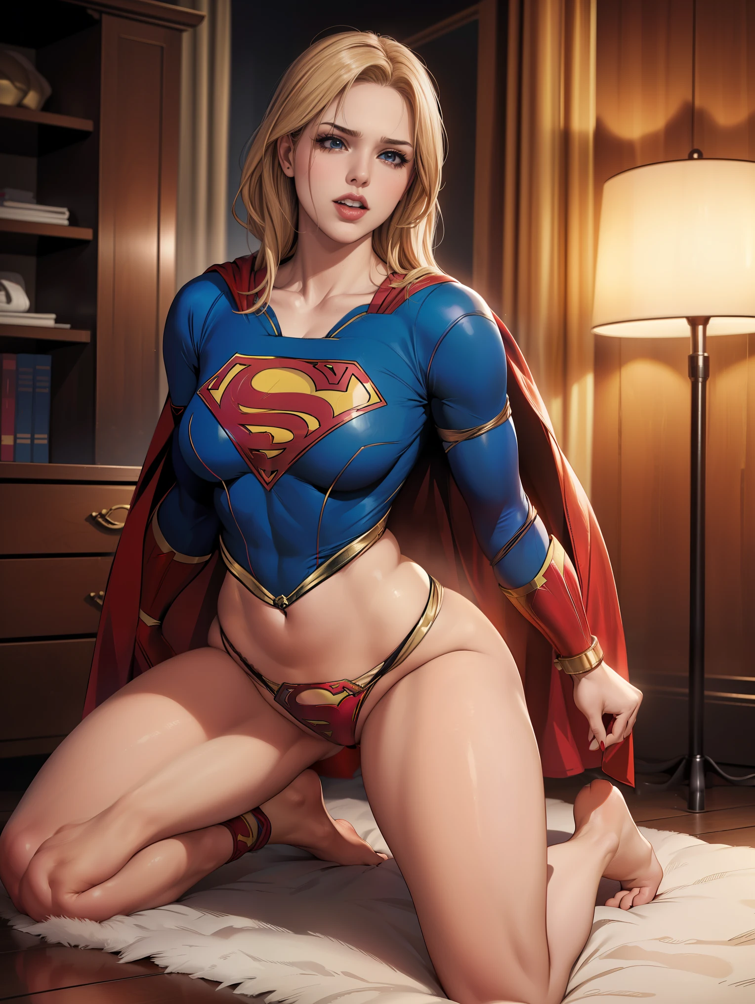 nsfw, 1girl, supergirl, DC colored eyelashes, detailed eyes, detailed face, superhero, blonde hair, long hair, wavy hair, blue eyes, eyeshadow, freckles, flat chest, bottomless, pussy, blue crop top, small cape,