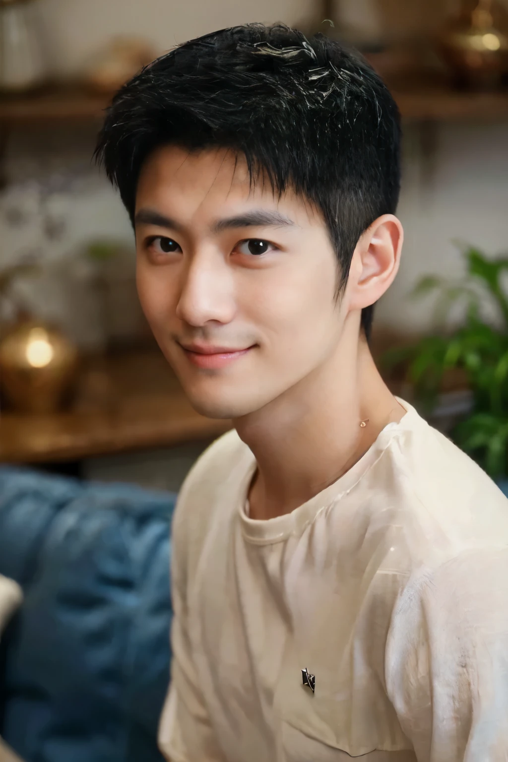((a young handsome man.Japanese man with thin cheeks and pointed chin is smiling.As handsome as a movie idol star, keeping eye contact.Standing in the living room wearing home clothes.))cabinet showroom, (Grid ceiling:2), White pox, High-end gray cabinets, White marble floor, (carpet:1), Off-white sofa, Gold display stand, Green Plants, High Detail, realism, Movie Lighting, lens flare, away, Wide-angle lens, best quality, Super detailed, High Details, masterpiece, high resolution, 8k,