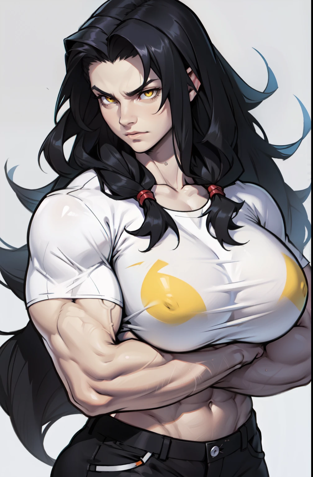 ((1 girl)), extremely long hair, solo, ((muscular)), veins, black hair, yellow eyes, pale skin, strong, veins, abs, (huge breasts), sulking tight shirt