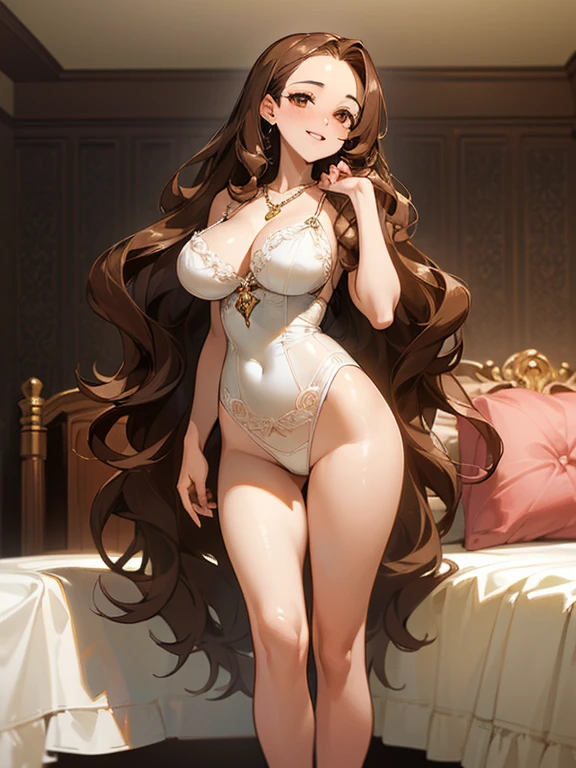 ((masterpiece, best quality, highest quality, ultra-detailed, 32K cg wallpaper, high resolution)), 1 woman,brown hair,brown eye,very long wavy hair,forehead,gigantic breasts,blush,smile,parted lips,white lingerie,necklace,standing,from left in front,bed side,