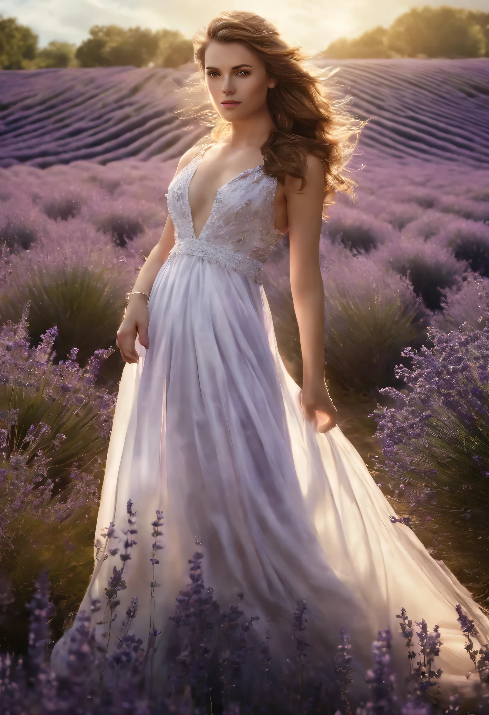 Design a realistic portrait of a beautiful woman in a flowing white gown, Standing in a lavender field. The sunlight captures the delicate details of her dress, create software, Mysterious glow.