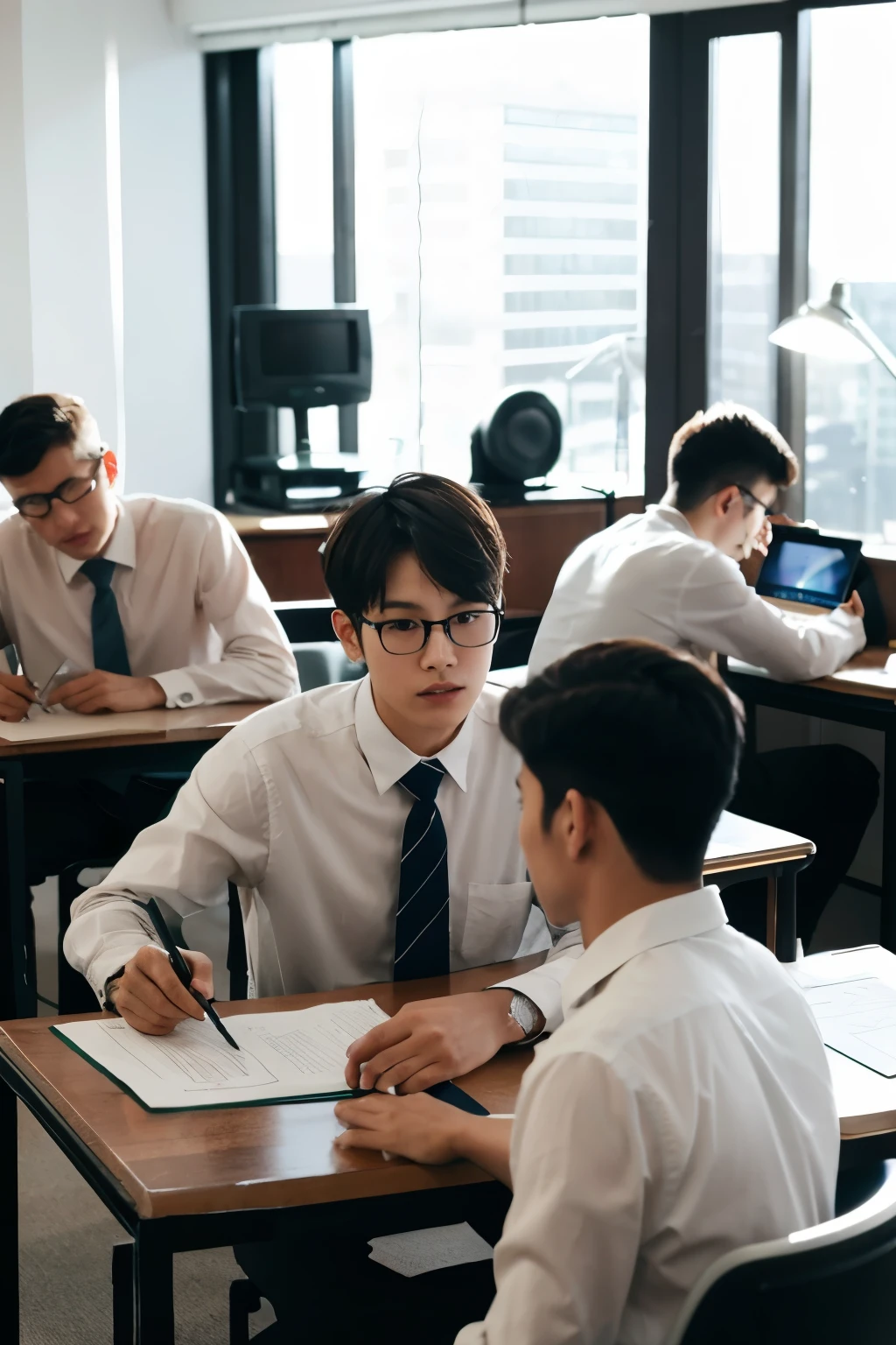 Five men are working at their desks in a company.