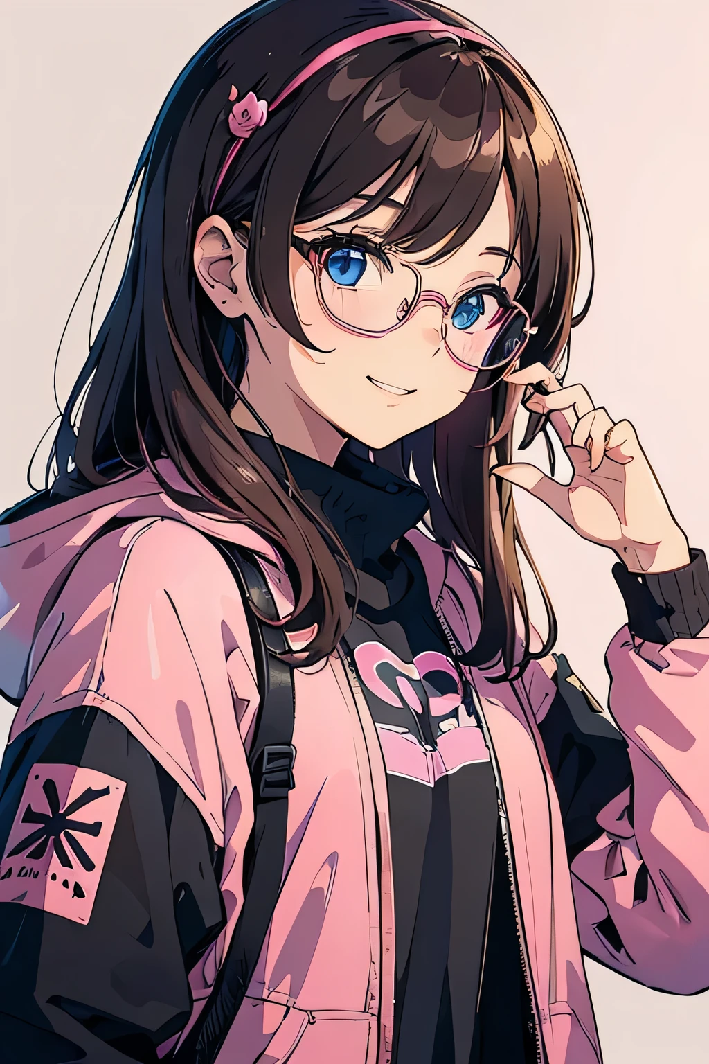 ((masterpiece, 8k, detailed), anime girl with pink sunglasses and pink jacket posing for a picture, medium-length brown hair, gray background, plain background, kawaii realistic portrait, artwork in the style of guweiz, closeup character portrait, blue eyes, adorable digital painting, a girl with pink glasses, looking away from the camera, girl slightly smiling open mouth, cool look