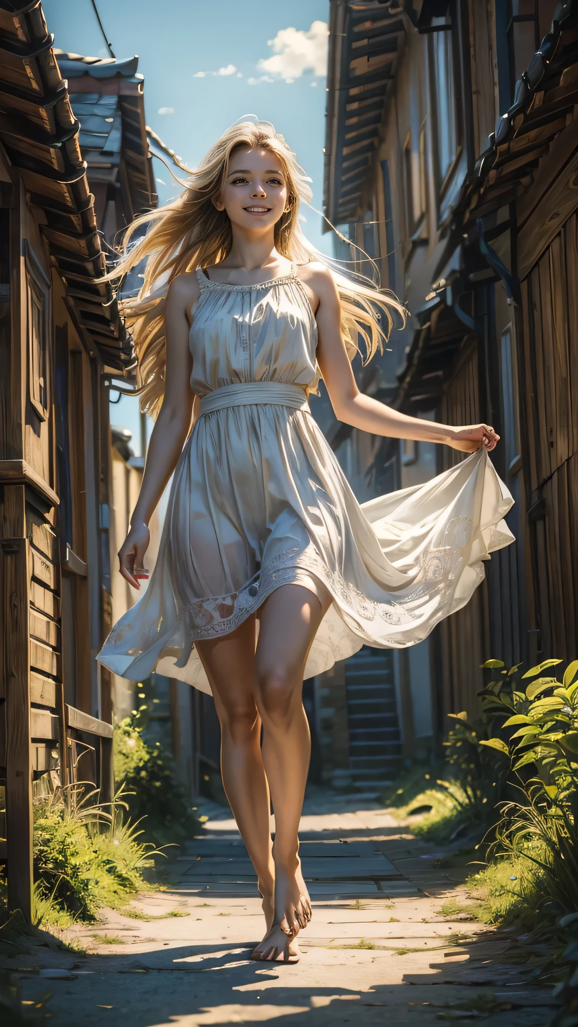 ((masterpiece)),(((bestquality))),((ultra-detailed)),1girl, solo, barefoot, standing, building, smile, floating hair, dutch angle, closed mouth, looking away, outdoors