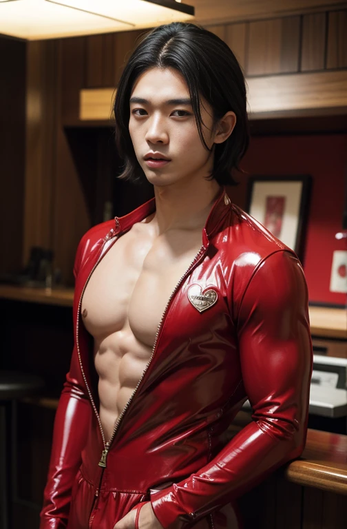 Japan man,man,youth,Best quality, crisp quality, Masterpiece, Highest resolution, Highly detailed, Red latex jumpsuit, love heart,chest muscle,Full-body muscular figure,night club,mtu