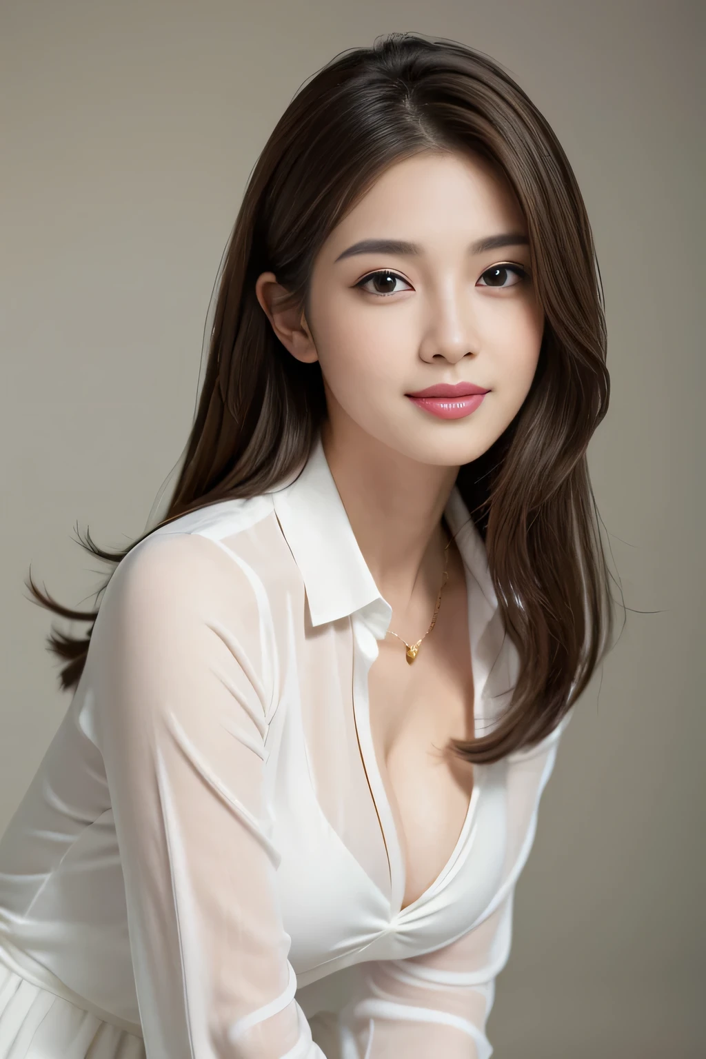 (RAW Photos), (Realistic), (masterpiece), (highest quality), High resolution, 8k, (Intricate details), (Volumetric Light), Portraiture, woman, Age 35, Medium Hair, Straight hair, Medium Chest, Accentuate your cleavage, Layered Hair, Brown Hair, Very beautiful eyes, Source order, Very thin eyebrows, Very fine skin, Very beautiful mouth, Very nice nose, Cute like an idol, smile, (Thick lips), (Looking at the audience), (White collared dress shirt), Above the knee shot,