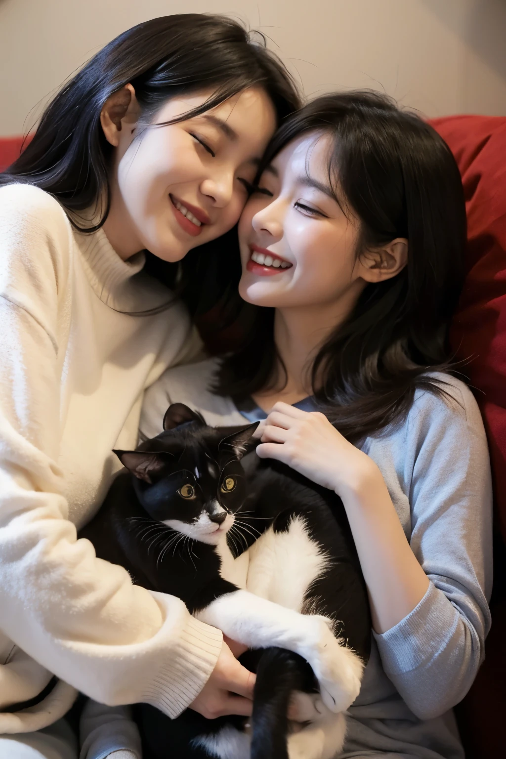Two cats huddled together,Lovely atmosphere、While exchanging happy shouts、I had a warm moment。A cat with big black hair、She rested her head on the other cat's chest.、The other is、Big ginger eyes,A hint of green、Wrap the first cat with its front legs、I hug her tenderly and protect her。Magic dust shimmers around them.、Added a charming atmosphere to the scene.。 (2:1.3、forest creatures、rabbit、squirrel) A charming glade filled with the sounds of nature、Two little animals are playing gently。