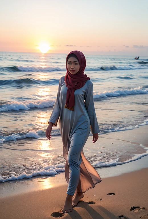an indonesian hijab goddess walk on the beach, enjoy the moment and sunset, fluid movement, show the wind blowing her hijab and clothes, real skin texture, realistic picture