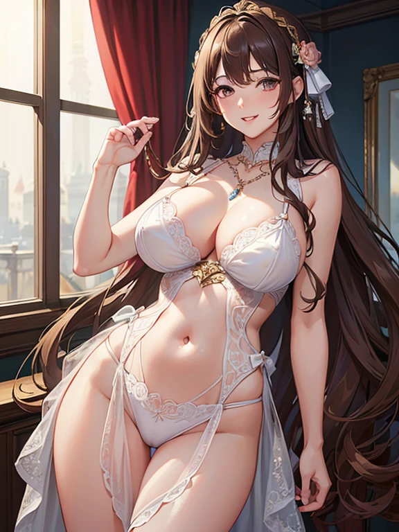 ((masterpiece, best quality, highest quality, ultra-detailed, 32K cg wallpaper, high resolution)), 1 woman,brown hair,brown eye,very long wavy hair,forehead,gigantic breasts,blush,smile,parted lips,white lingerie,necklace,standing,from left in front,bed side, 