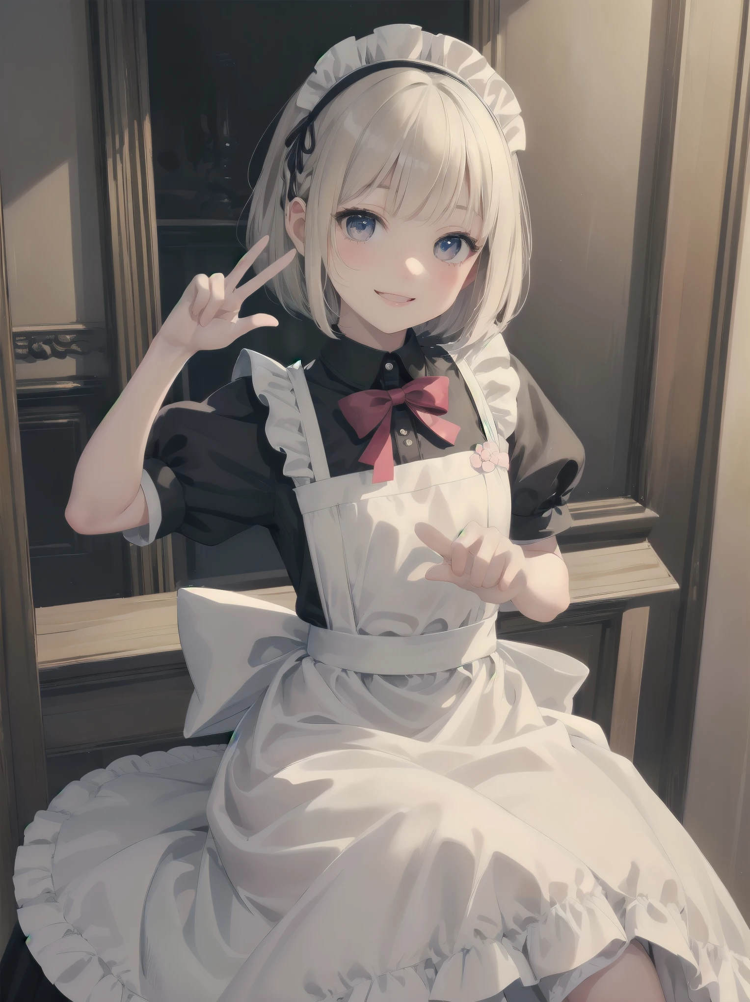 Masterpiece, top quality, super detailed, 16k, Kawaii, pastel colours, soft light, watercolour, small super cute girl, bob cut braided ribbon, maid, simple maid outfit with long skirt type, cute illustration, classical type cafe, smiling , acting mocking gesture to viewer