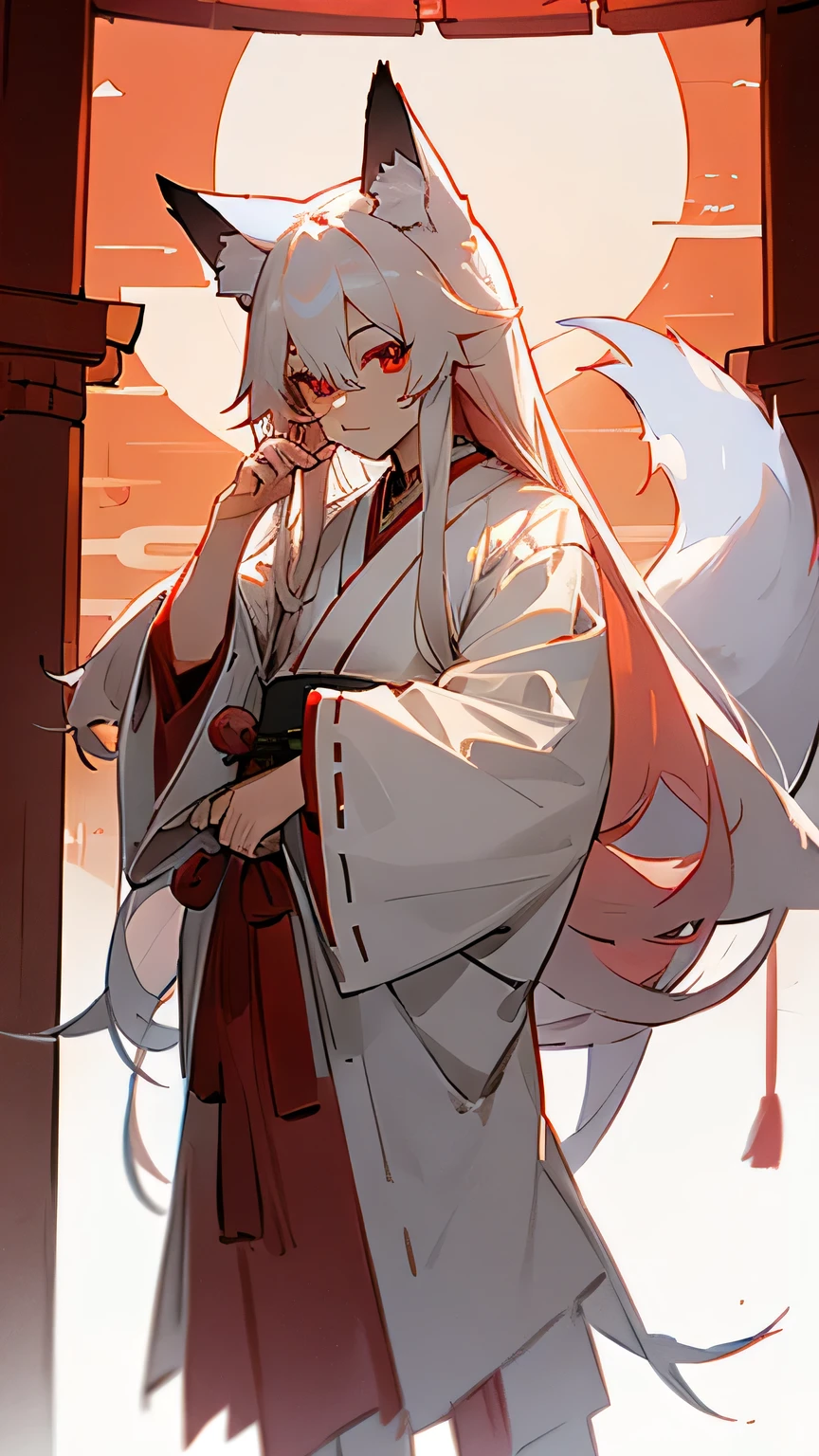 (boy, white long straight hair, fox ears, crimson red eyes, two white fox tails, traditional Japanese shrine outfit)