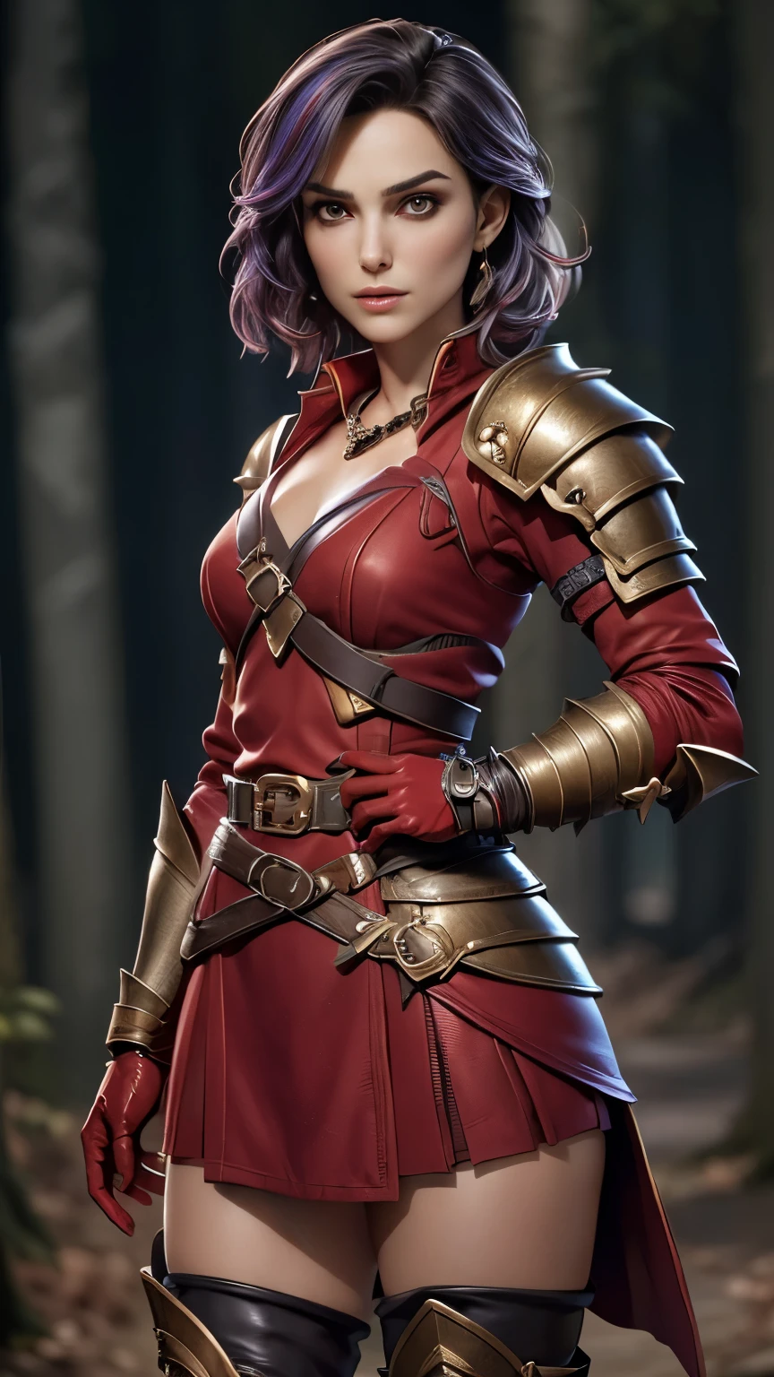 photo of celebrity, RAW, beautiful woman, ((portrait)), ((detailed face, colorful rainbow hair:1.2)), ((detailed facial feature, detailed skin, clear skin, parted lips), (perfect proportioned body, medium breasts), ((wearing armor, red dress, belt, gauntlets, gloves, armored boots: 1.5)), (high detailed dark forest: 1.3), (realistic photo, best quality, detailed), (8k wallpaper), (cinematic lighting, dramatic lighting) (sharp focus, intricate)