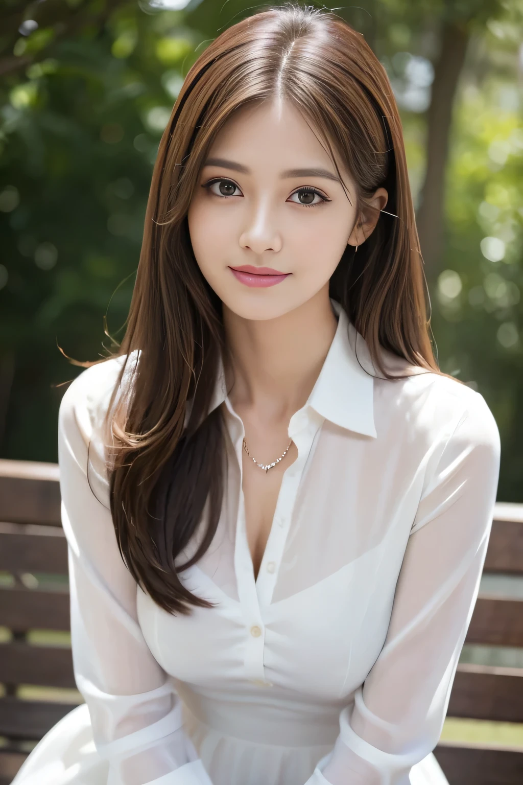 (RAW Photos), (Realistic), (masterpiece), (highest quality), High resolution, 8k, (Intricate details), (Volumetric Light), Portraiture, woman, Age 35, Medium Hair, Straight hair, Medium Chest, Accentuate your cleavage, Layered Hair, Brown Hair, Very beautiful eyes, Source order, Very thin eyebrows, Very fine skin, Very beautiful mouth, Very nice nose, Cute like an idol, smile, (Thick lips), (Looking at the audience), (White collared dress shirt), Above the knee shot,
