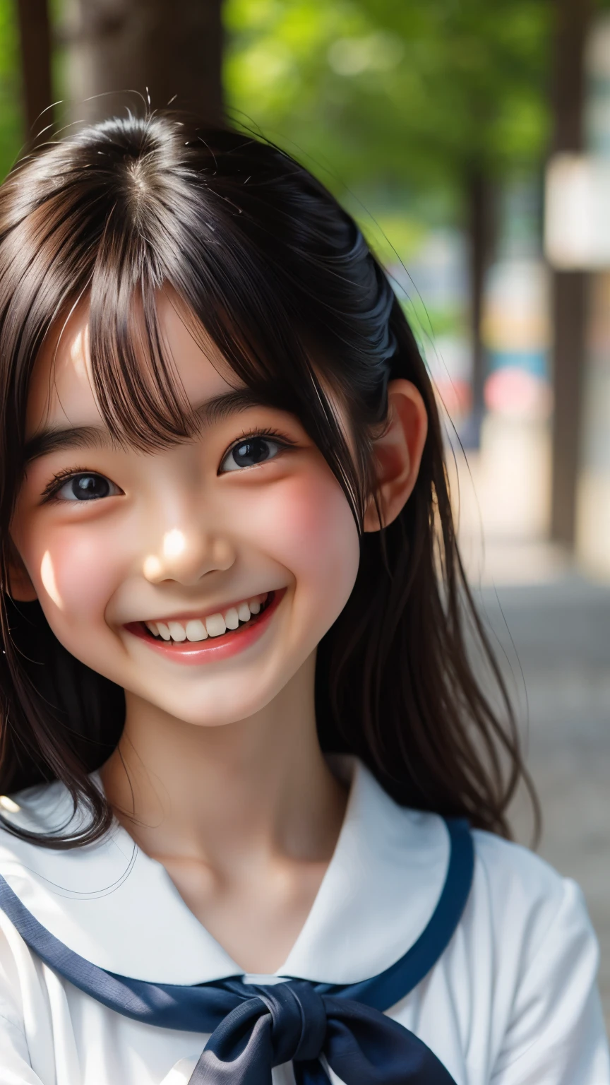 lens: 135mm f1.8, (highest quality),(RAW Photos), (Tabletop:1.1), (Beautiful  Japanese girl), Cute face, (Deeply chiseled face:0.7), (freckles:0.4), dappled sunlight, Dramatic lighting, (Japanese School Uniform), (On campus), shy, (Close-up shot:1.2), (smile),, (Sparkling eyes)、(sunlight)