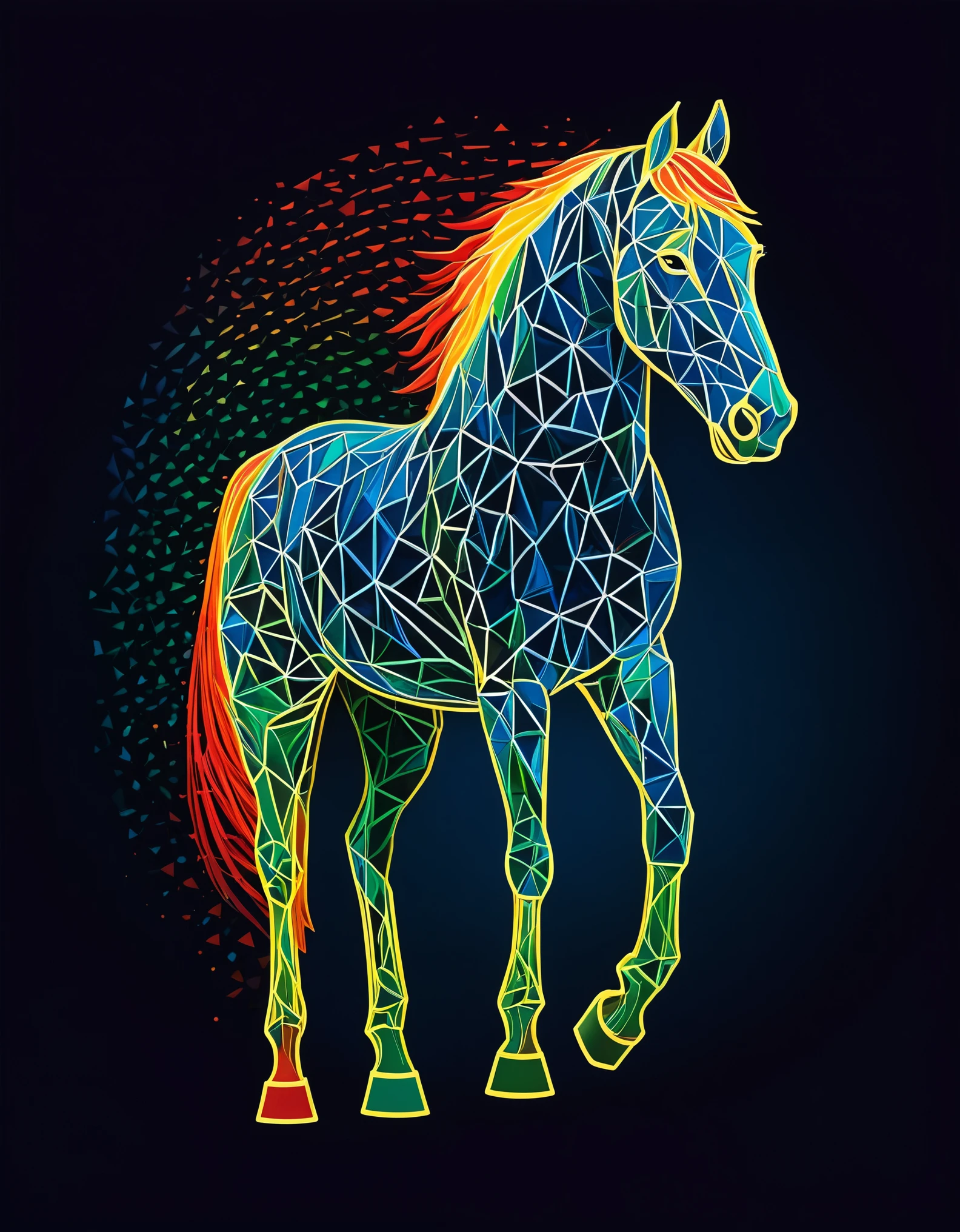 A captivating minimalist abstract art piece, featuring a stylized representation of a horse. The horse is depicted through overlapping geometric shapes in vibrant colors, such as blue, yellow, red, and green. The overall composition creates a dynamic and harmonious balance between simplicity and complexity, evoking a sense of movement and energy. The background is a soft gradient of complementary colors, adding depth and contrast to the central subject. Vivid vibrant bright neon colorful