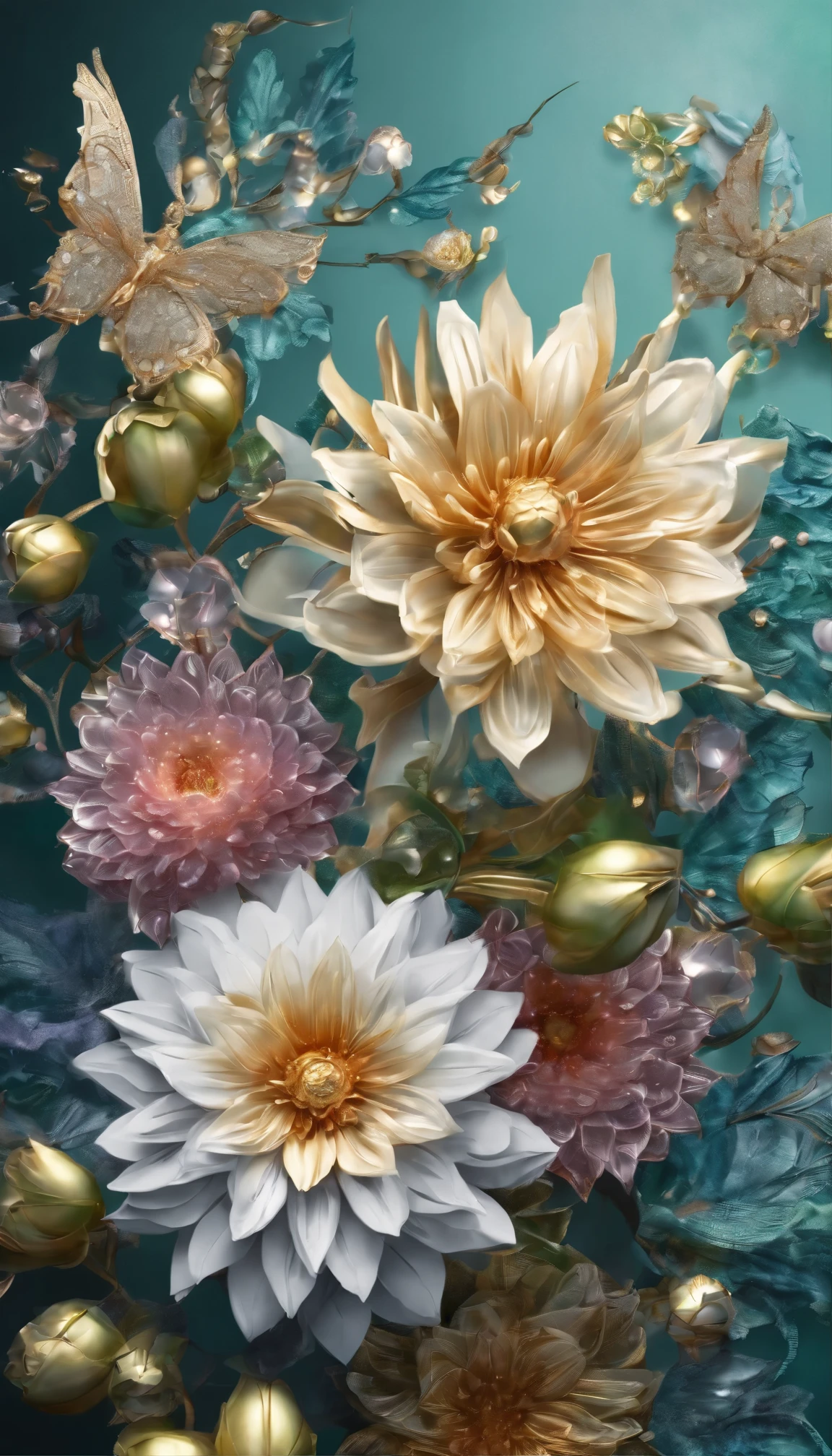 The background is greenblue,All expressed with jewels, the arrival of spring, various beautiful chrysanthemum flowers
, beautiful batterflys,angles looking up from below, various jewels falling from the sky, wonderful and beautiful superb view, slightly hazy, fantastic, high resolution, 8K, (best quality, highres, realistic:1.37), shiny metallic flowers, intricate and delicate petals, reflective surfaces, vibrant colors, intricate details, close-up view, surreal garden, surreal beauty, dreamy atmosphere, fine art, abstract botanicals, metallic sculpture, contrasting textures, ethereal glow
