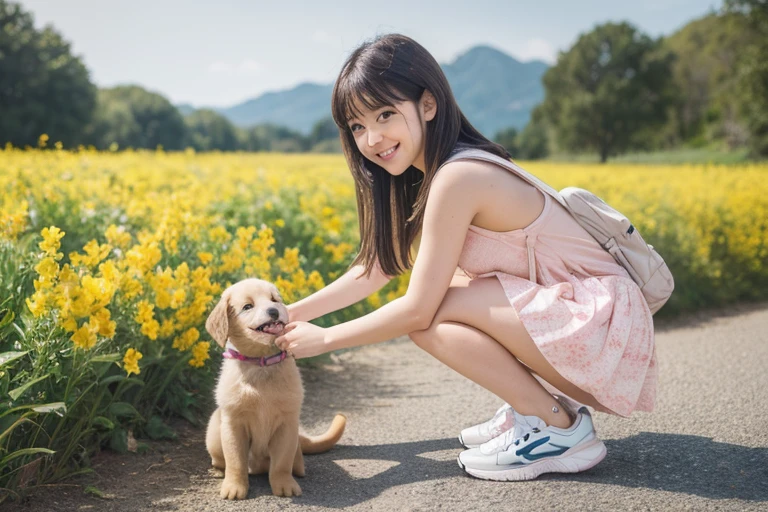 Highest quality,Very attractive with a backpack, (((Crouching and playing with a cute puppy))), Enjoy a lovely spring outing surrounded by beautiful yellow flowers and natural scenery. 1 girl,Cute face,smile,Mini skirt dress,Pink sneakers,The illustrations are in high resolution with 4K resolution., 12 year old girl with highly detailed facial features,Perfect hands,Perfect legs,I can see my thighs,I can see your ass