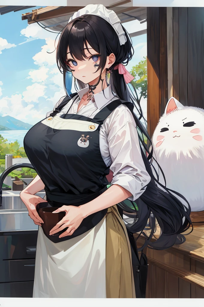 InuzukaTsume, huge_breasts,  standing, solo, facial_tattoo, white_apron,, masterpiece, best_quality, detailed_face, detailed_eyes, highres, beautiful, detailed, absurdres,