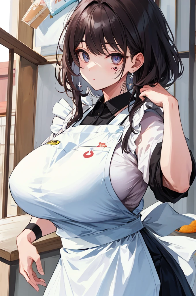 InuzukaTsume, huge_breasts, standing, solo, facial_tattoo, white_apron,, masterpiece, best_quality, detailed_face, detailed_eyes, highres, beautiful, detailed, absurdres,