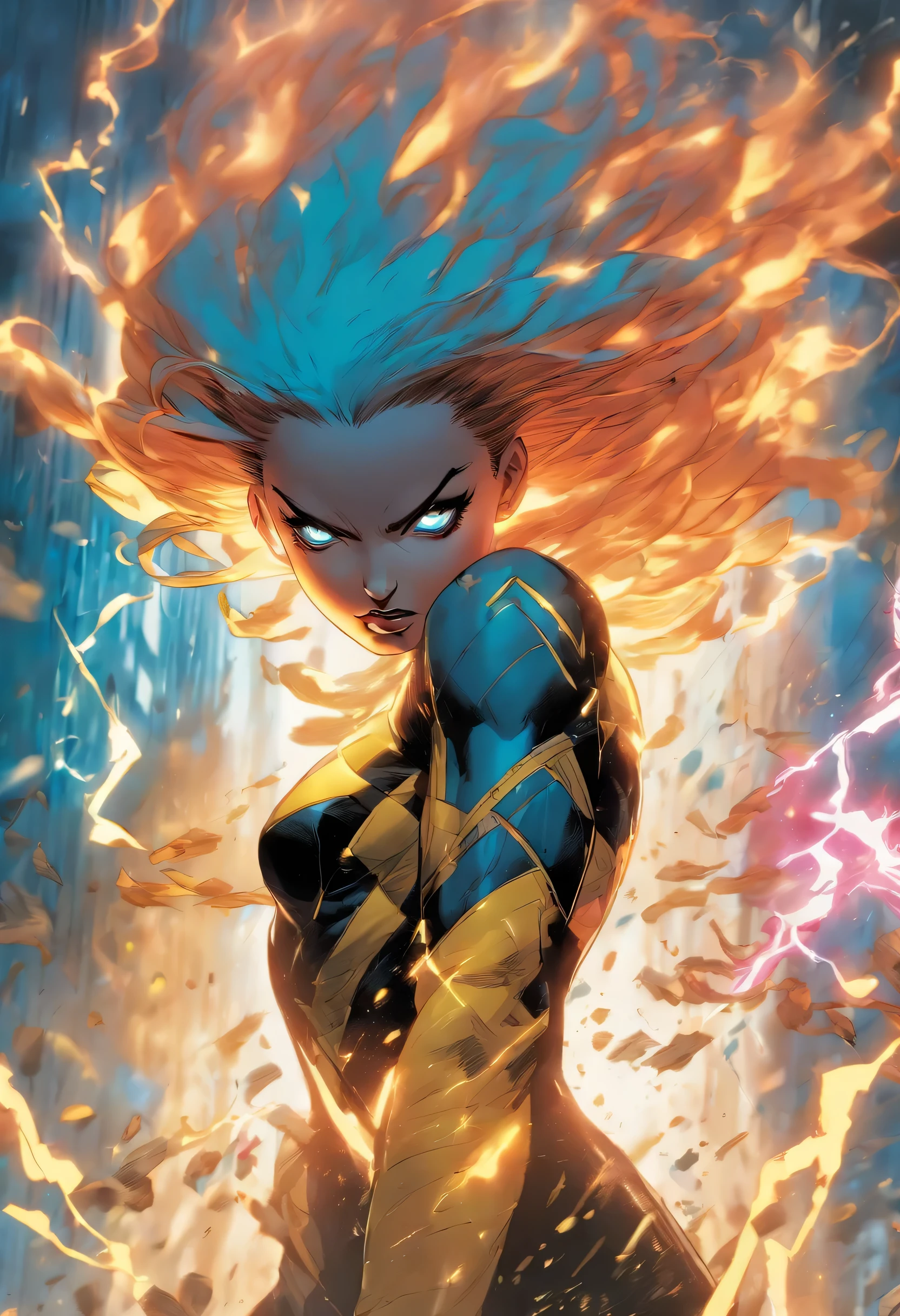 (a girl with a) splattered paint storm from the X-Men Mohawk,(best quality, highres:1.2, ultra-detailed, photorealistic:1.37) vibrant colors, (dark and moody lighting), (detailed facial features: intense eyes, colorful lips), (fierce and dynamic pose), (stormy backdrop with lightning), abstract painting style, (expressive brushstrokes), (colorful splatters and drips), (intense energy and movement), (foreboding atmosphere), (dramatic contrast between light and shadow), (cinematic composition), (striking and powerful presence), (unique and edgy personality), (electric and chaotic vibes), (beautifully flowing and cascading hair), (ominous storm clouds), (emotional intensity), (captivating and attention-grabbing), (bold and confident), (X-Men logo in the corner), (futuristic and otherworldly), (explosive power and strength), (action-packed and dynamic), (intriguing and mysterious), (awe-inspiring and unforgettable), (showcasing the character's superpowers), (capturing the essence of the X-Men universe), (feeling the electric energy of the scene), (creating a sense of anticipation and excitement).