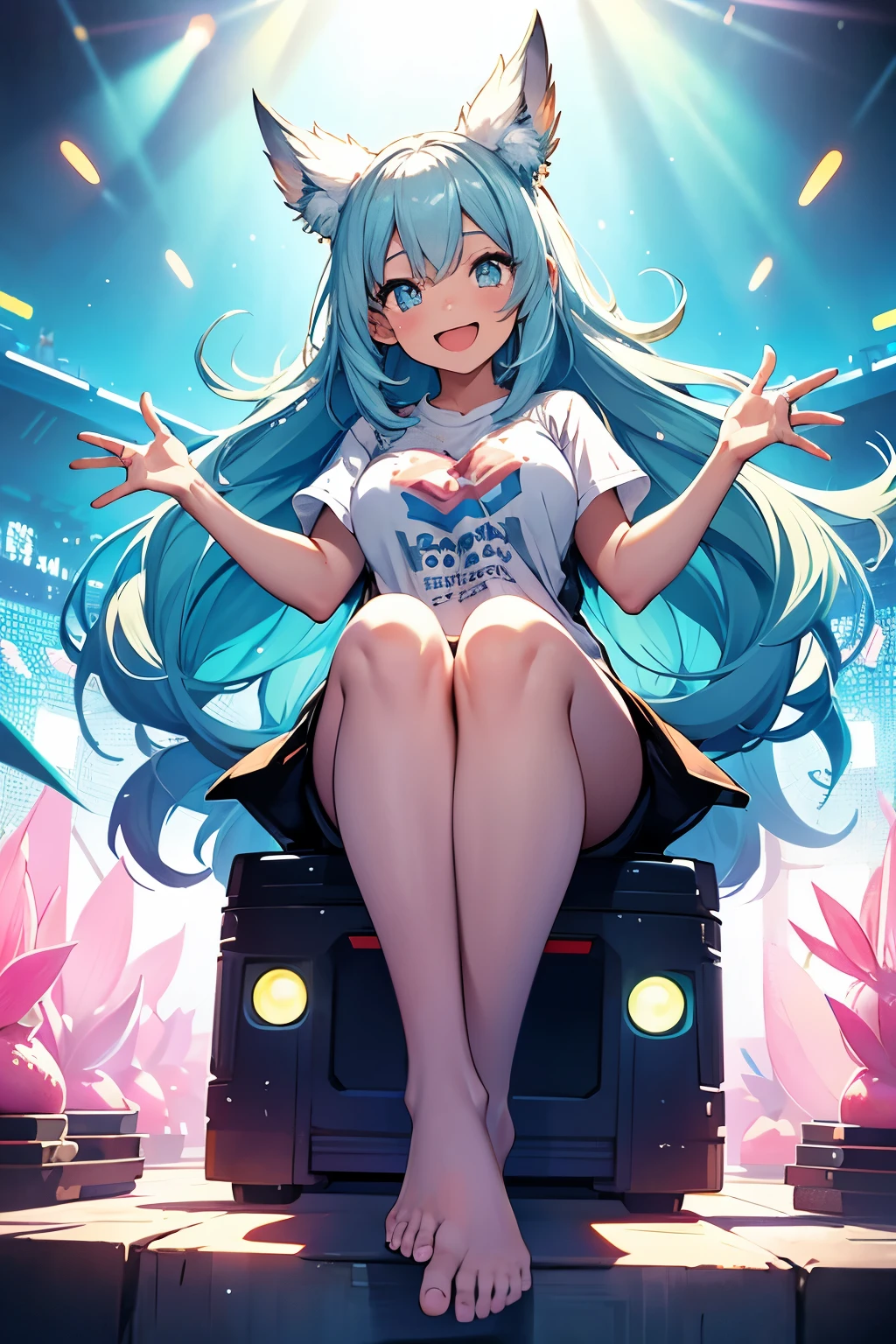 One girl character, light blue hair streaming in the breeze as she laughs with a cute, wide-open smile. The vivid neon background adds a playful and energetic atmosphere to the high-resolution image. Her thin body is elegantly depicted, clad in a large size white t-shirt. The detailed limb depiction showcases her relaxed posture as she sits or stands, with one leg slightly bent and the other foot tapping in delight. The enlarged depiction of her upper body accentuates her expressive face and the sparkle in her light blue eyes, which twinkle with merriment. The masutepiece completes the charming image of this laughing girl.