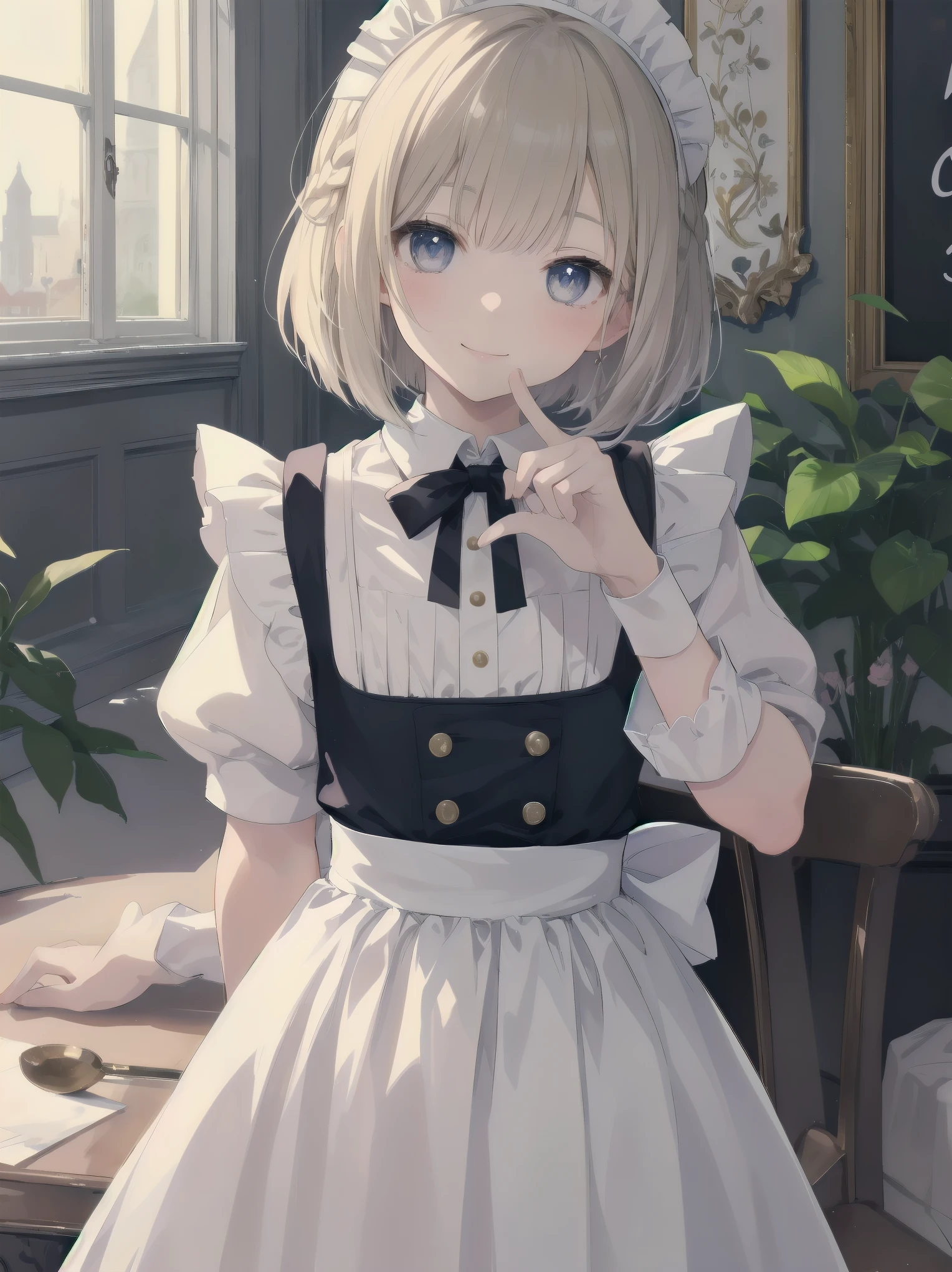 Masterpiece, top quality, super detailed, 16k, Kawaii, pastel colours, soft light, watercolour, small super cute girl, bob cut braided ribbon, maid, simple maid outfit with long skirt type, cute illustration, classical type cafe, smiling , acting mocking gesture to viewer