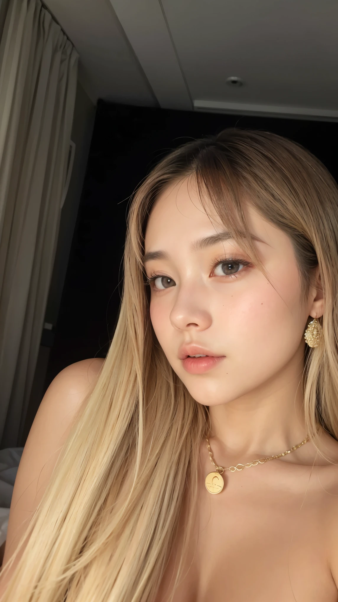 Asian, coreana, pink lips, cabelos loiros, decote bonito