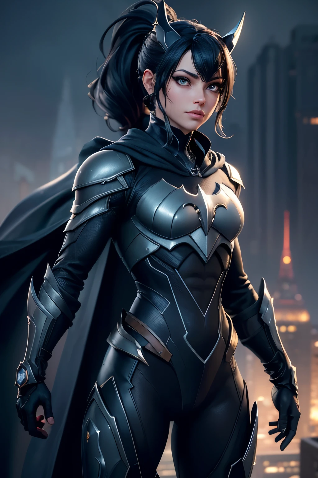 Best quality,4K,8k,high resolucion, tmasterpiece:1.2, Ultra-detailed, Realstic:1.37, illustration, futuriste, haute technologie, metallic, high detailed suit, Advanced Cybernetic Combination, Kristin Kreuk avec ponytail et des yeux verts, dressed up as Batman from DC Comics, dark atmosphere, intense illumination, Insigne de chauve-souris sur la poitrine, ceinture utilitaire avec gadgets, Masque aux yeux brillants, Detailed Muscle Definition, Finition brillante, sharp edges, Stylish design, Mysterious setting, Rain pouring in the background, Flou de mouvement, Tons de couleurs sombres, ombres intenses, Skyline de la ville au loin, Building rooftops, Simulated Raindrops, Reflection on the costume, Rivets et coutures, une forme physique extraordinaire, Position puissante, action pose, Physique impressionnant, Iconic cape that flows dramatically, Heroic Vibes, Imposing presence