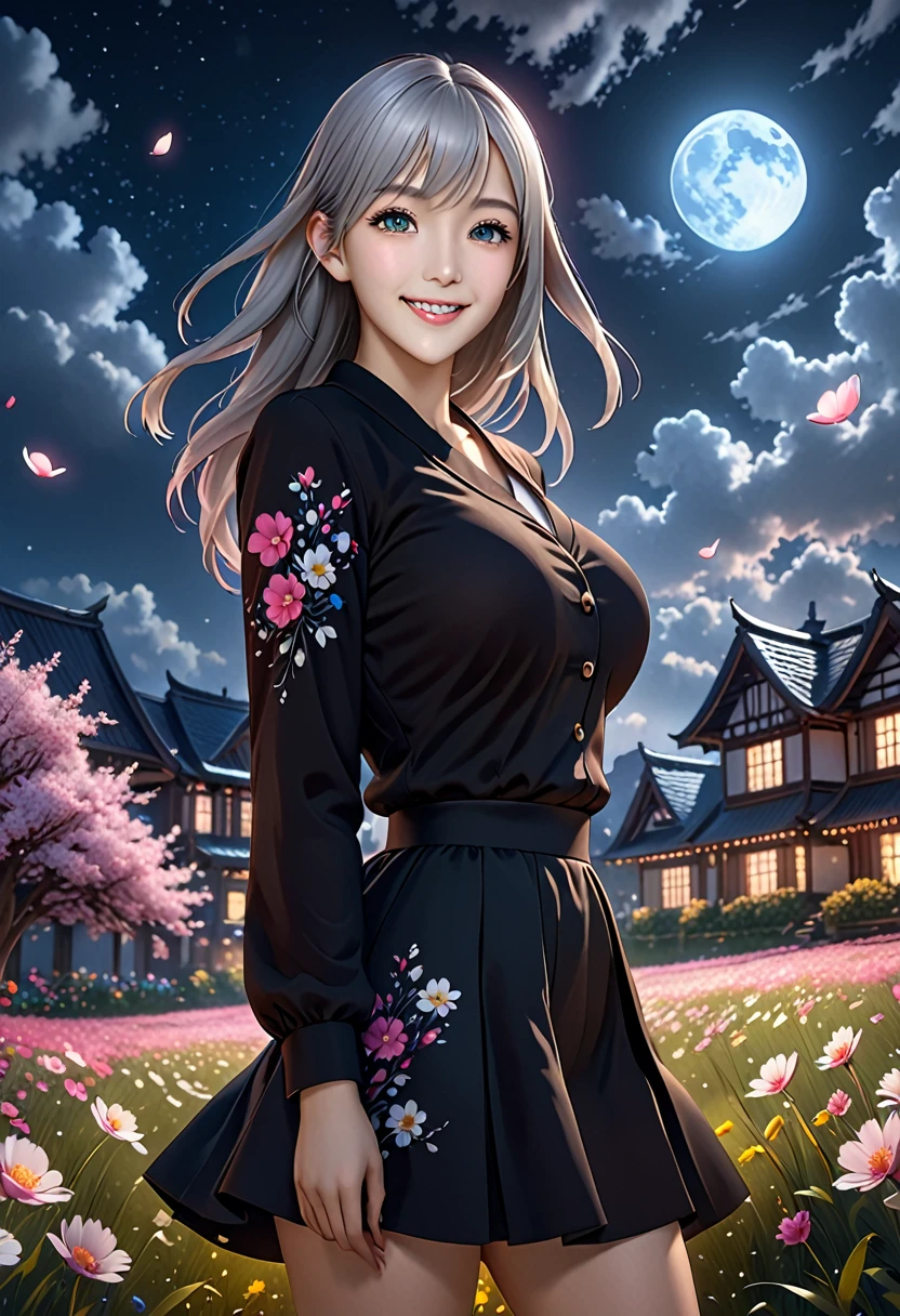 masterpiece, highest quality,, One girl, (colorful),(Beautifully detailed eyes and face),cinematic Lighting,Bust Shot,Highly detailed CG Unity 8k wallpaper,Gray Hair,alone,smile,super mini skirt,((Flying petals)),(Flowery meadow), null, cloudy_null, building, moonLight, moon, night, (Dark Theme:1.3), Light, Fantasy,