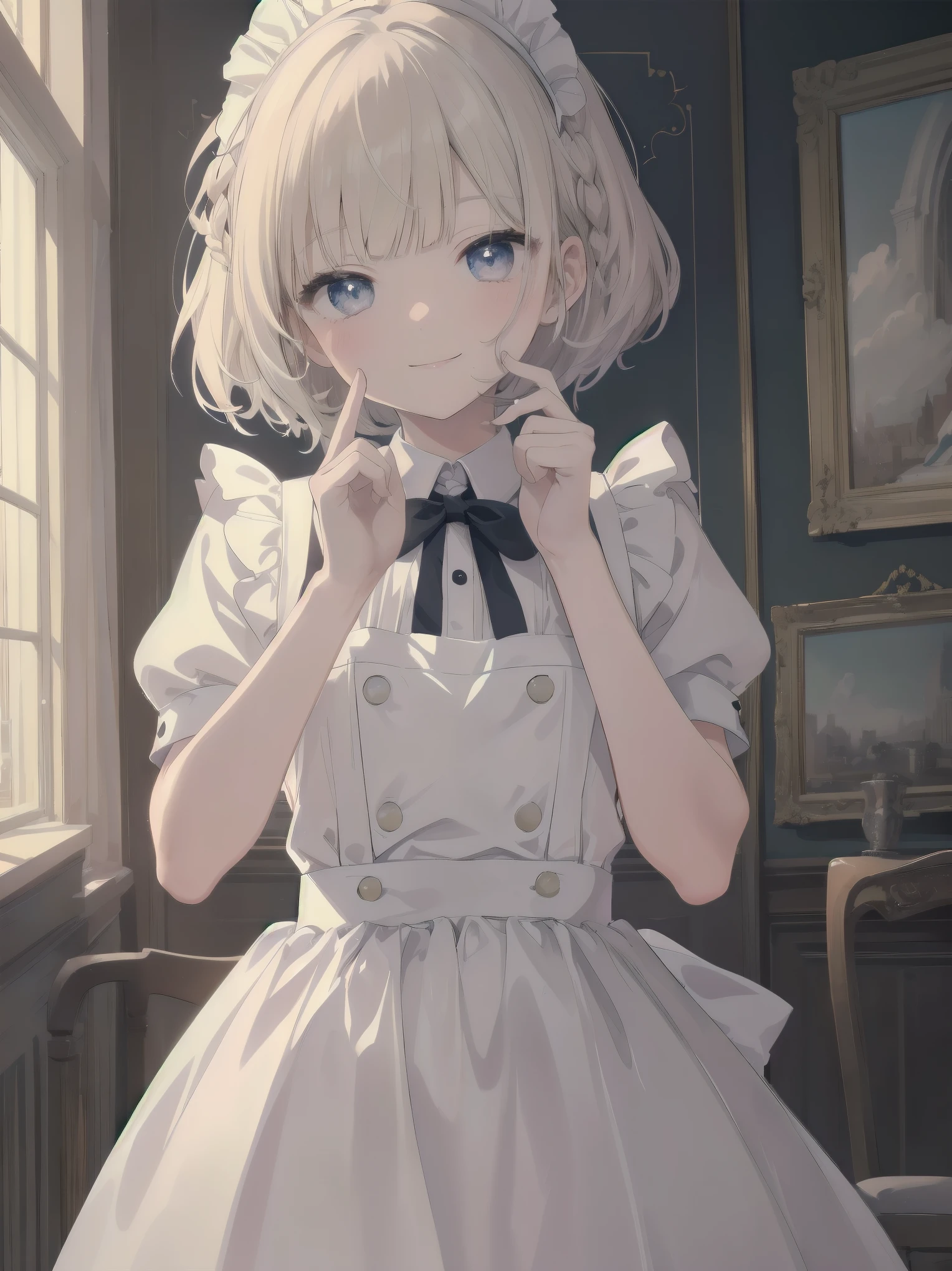 Masterpiece, top quality, super detailed, 16k, Kawaii, pastel colours, soft light, watercolour, small super cute girl, bob cut braided ribbon, maid, simple maid outfit with long skirt type, cute illustration, classical type cafe, smiling , acting mocking gesture to viewer