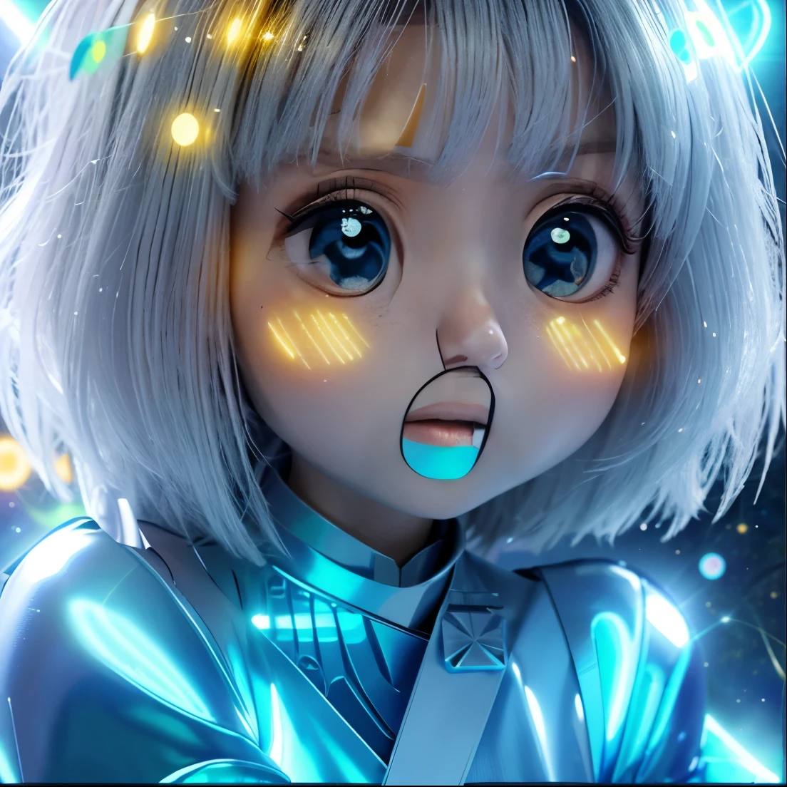 quadrinhos anime, garota com longos cabelos vermelhoz celestes que brilham a noite, olhos amarelos brilhantes, wearing the outfit of a space princess, Lumen Moonlight kingdom background