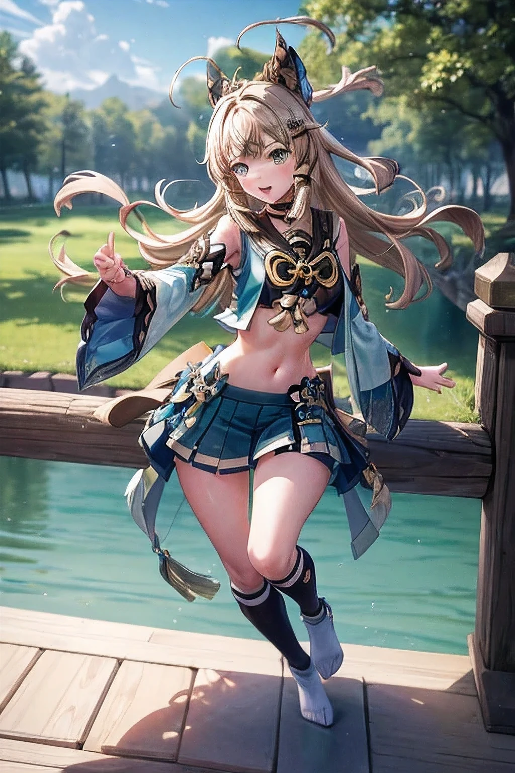 ((kiraradef)):1.5,((masterpiece,highest quality,Highly detailed images,Beautiful images))1.4(kirara images,Beautiful lake、Waist-deep in the lake、A fun pose、Bright natural light throughout、Backlight、A fantastic atmosphere、Dust flutters)1.3,(Full body image of kirara standing、from the front)1.1、(Ample breasts、underboob、):1.2(laugh)1.1