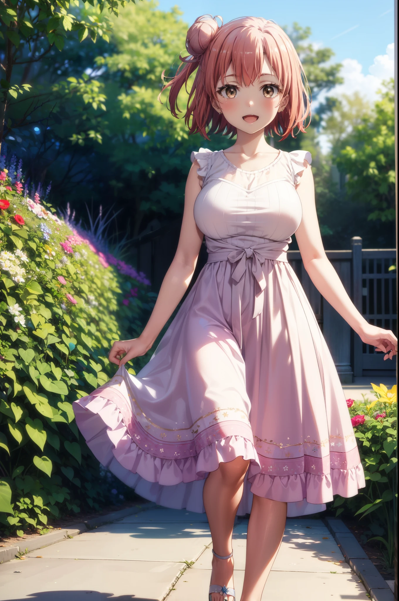 yuiyuigahama, yui yuigahama, short hair, (Brown eyes:1.5), (Pink Hair:1.2), Hair Bun, single Hair Bun, smile, (Big Breasts:1.2),happy smile, smile, Open your mouth,
, Sleeveless pink dress,Pink long skirt,Cute Sandals,walking,Real Summer,Daytime,sunny,whole bodyがイラストの中に入っていくように,
break outdoors ,garden, break looking at viewer, whole body,
break (masterpiece:1.2), highest quality, High resolution, unity 8k wallpaper, (shape:0.8), (Beautiful and beautiful eyes:1.6), Highly detailed face, Perfect lighting, Extremely detailed CG, (Perfect hands, Perfect Anatomy),
