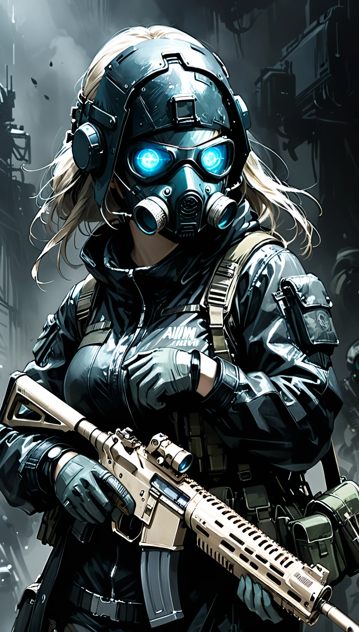 in style of Ashley Wood,1girl,Character Design and Doomsday,Details,glowing steelblue eyes,detailsTextured Skin,Night vision devices,Black leather coat,Tactical masks,Holding a gun,aim动作,(aim:1.2)