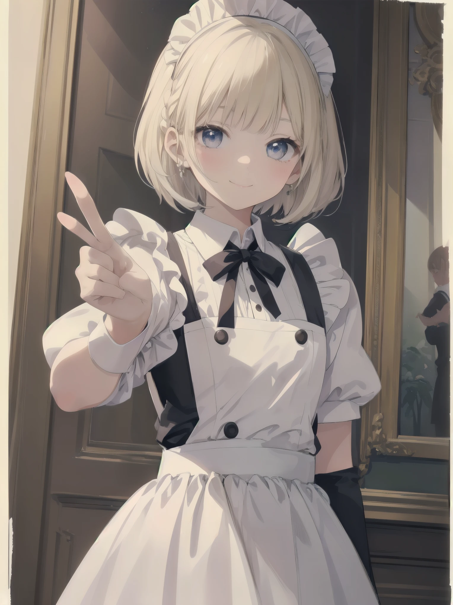 Masterpiece, top quality, super detailed, 16k, Kawaii, pastel colours, soft light, watercolour, small super cute girl, bob cut braided ribbon, maid, simple maid outfit with long skirt type, cute illustration, classical type cafe, smiling , acting mocking gesture to viewer
