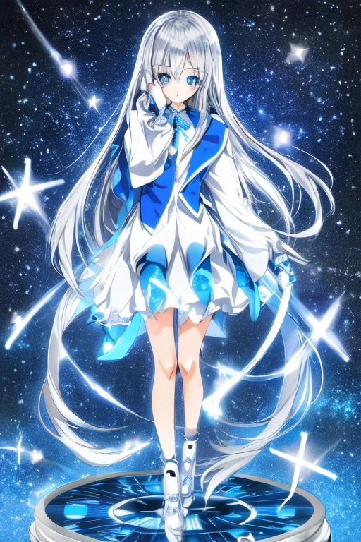 highest quality,super high quality,girl, Similar to Hoshino Rumi,Hair Color(silver:1.2),eyes(blue:1.2),slender,whole body,Starry sparkling background, isometric