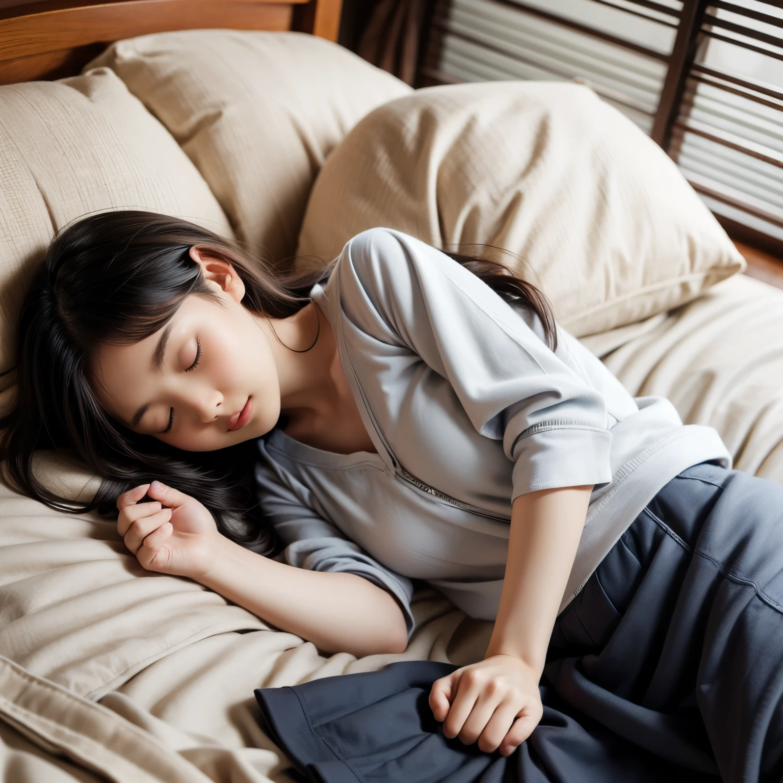 master piece , best quality , (matured female) , japanese , (sleeping on one's side) , from front , blouse , skirt