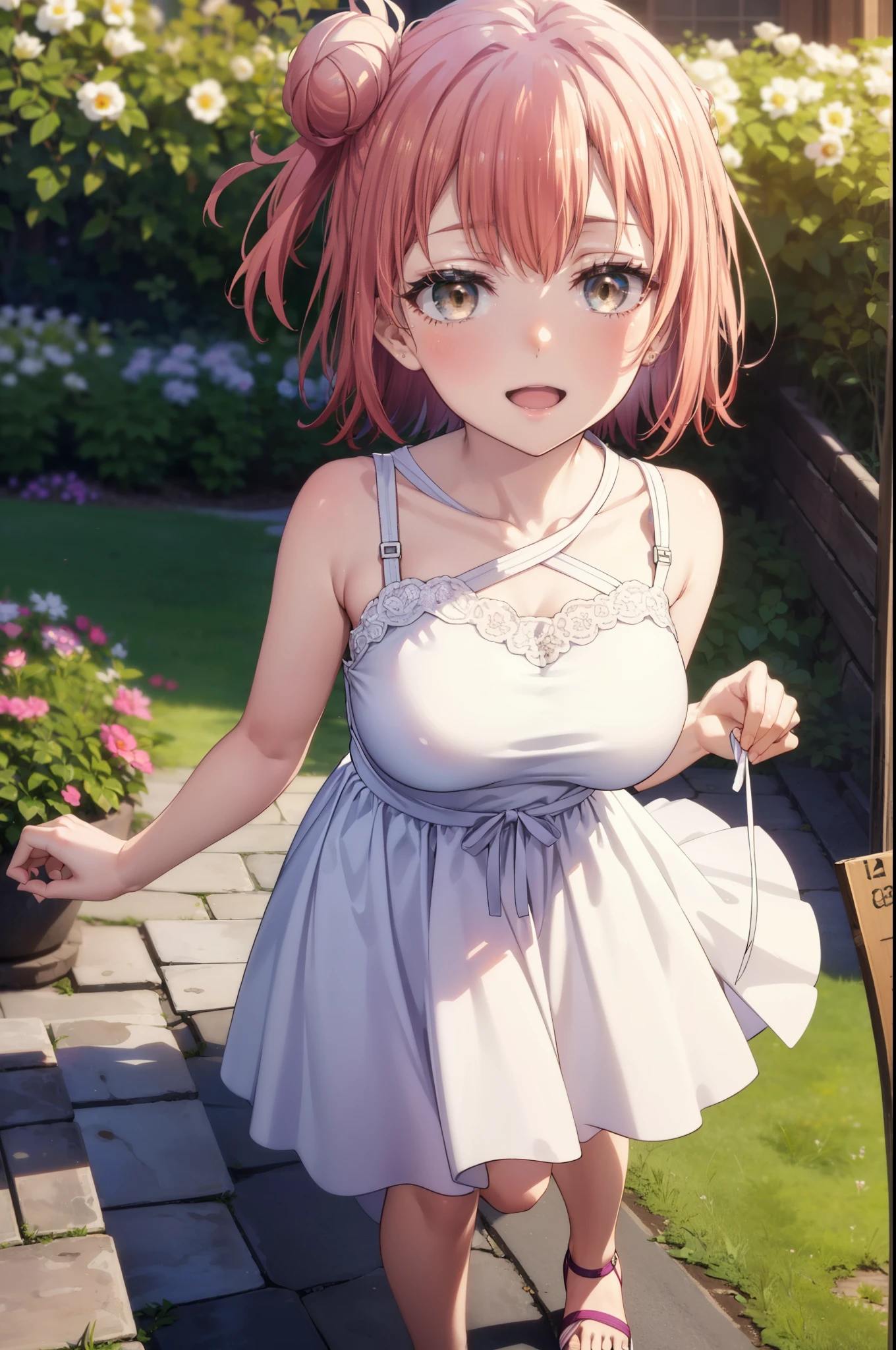yuiyuigahama, yui yuigahama, short hair, (Brown eyes:1.5), (Pink Hair:1.2), Hair Bun, single Hair Bun, smile, (Big Breasts:1.2),happy smile, smile, Open your mouth,
, Sleeveless pink dress,Pink long skirt,Cute Sandals,walking,Real Summer,Daytime,sunny,whole bodyがイラストの中に入っていくように,
break outdoors ,garden, break looking at viewer, whole body,
break (masterpiece:1.2), highest quality, High resolution, unity 8k wallpaper, (shape:0.8), (Beautiful and beautiful eyes:1.6), Highly detailed face, Perfect lighting, Extremely detailed CG, (Perfect hands, Perfect Anatomy),