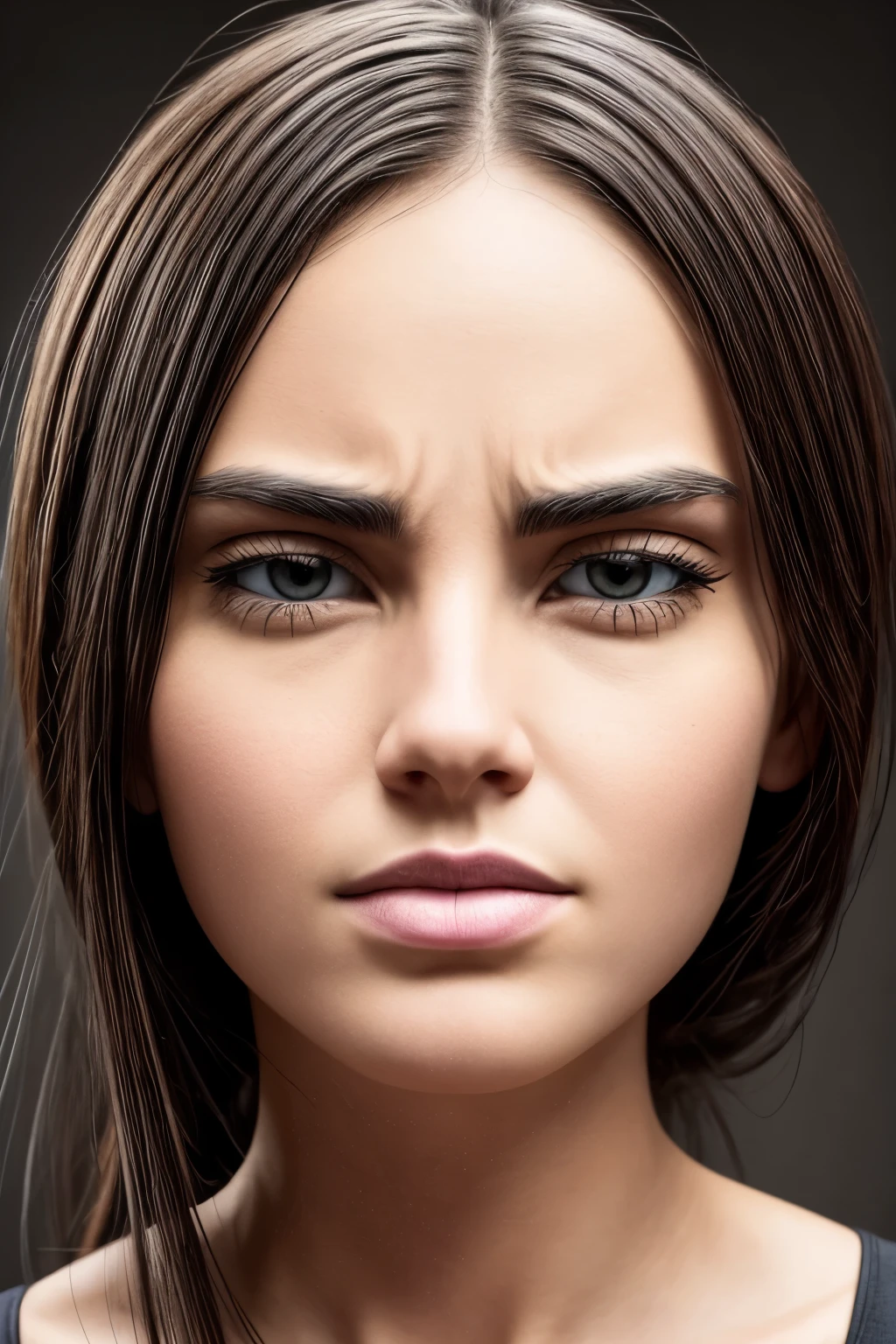 Create a surreal artwork that blends a highly realistic human face with the characteristics of a yellow emoji face, enhancing the grotesque by adding unsettling details. The face should feature human eyes that express deep, exaggerated emotion, mirroring the 'pensive face' emoji with a pronounced tear on one cheek, signifying intense sadness or overwhelming emotion. The face should retain the iconic round and yellow emoji style but incorporate hyper-realistic details for the eyes and mouth, creating a striking contrast. This should create an uncanny, almost disturbing visual experience, emphasizing the clash between digital symbols and profound human expression. The background should be minimal, perhaps a soft, neutral shade to enhance the focus on the bizarre, emotive hybrid face