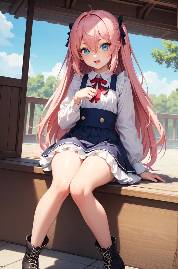 Masterpiece to the smallest detail、top-quality、1girl in、bangss、proximity、Closed_Mouth、The Perfect Five Fingers, A smile、red blush、full of shyness、blue headwear、Hats、the bow、pink bowtie、校服、 Blue jacket、jaket、skirt by the、grey skirt、1girl in、独奏、The shirt、white shirt、an legs、Black socks、sitting on、Classroom、hair_ornament detached、up looking_で_viewer、beatiful detailed eyes、Akame、panties on、lift up one's skirt、Professional effects、Spread legs、(((I can see panties.)))、