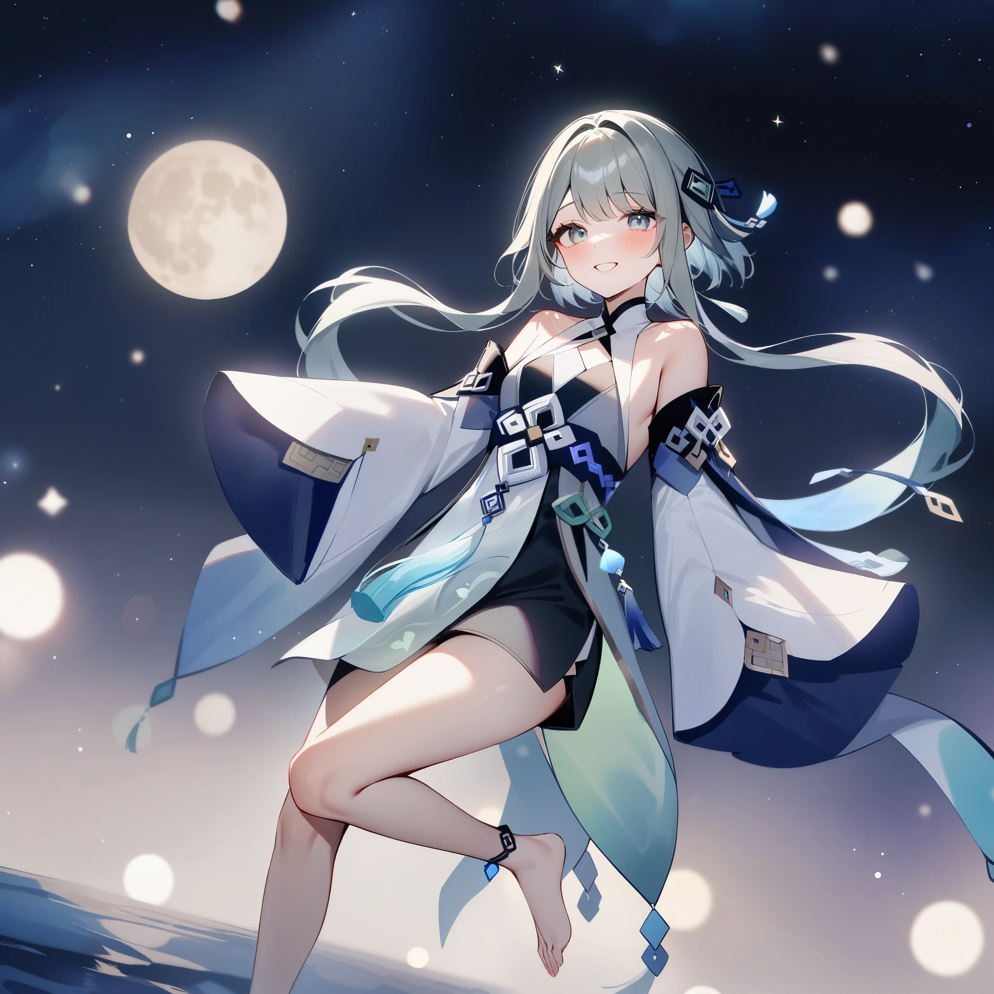 1girl,guizhong_\(genshin_impact\),short_hair_with_long_locks,grey gradient hair,sleeves_past_fingers,short_dress,happy,starry sky,moonlight,glossy lips,light bluegreen eyes,watercolor,anklet,halter_top,white clothes,black shorts,highly detailed,digital painting,bare_shoulders,barefoot,cool night tones, magical night scene,starry_sky_print,detached_sleeves,masterpiece,best quality,newest,very aesthetic,dsmile
