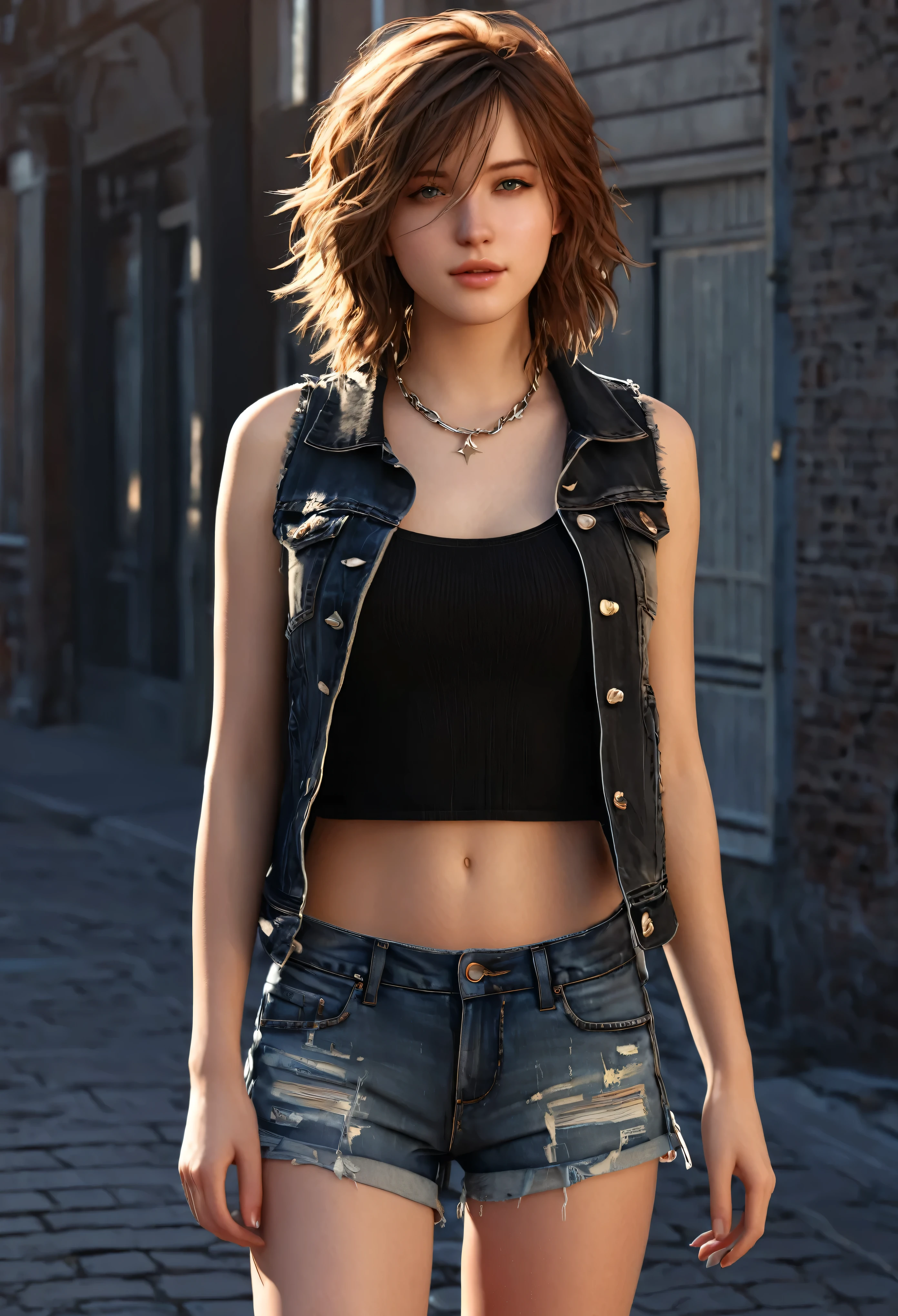 ((Medium chest, Cabelo longo, Small head)), Luz do dia, luz solar, (well defined abdomen: 1.1), (corpo perfeito: 1.1), (cabelo curto e ondulado: 1.2), cabelo ruivo, colarinho, corrente, foto de corpo inteiro, rua pobre, vestindo uma blusa preta, jaqueta jeans, ((Shorts)), (papel de parede CG 8k extremamente detalhado), (extremamente delicado e lindo), (obra de arte), (melhor qualidade: 1.0), (ultra resolution: 1.0), beautiful lighting, perfect lightning, sombras realistas, [high resolution], Peles detalhadas, ultra detalhado