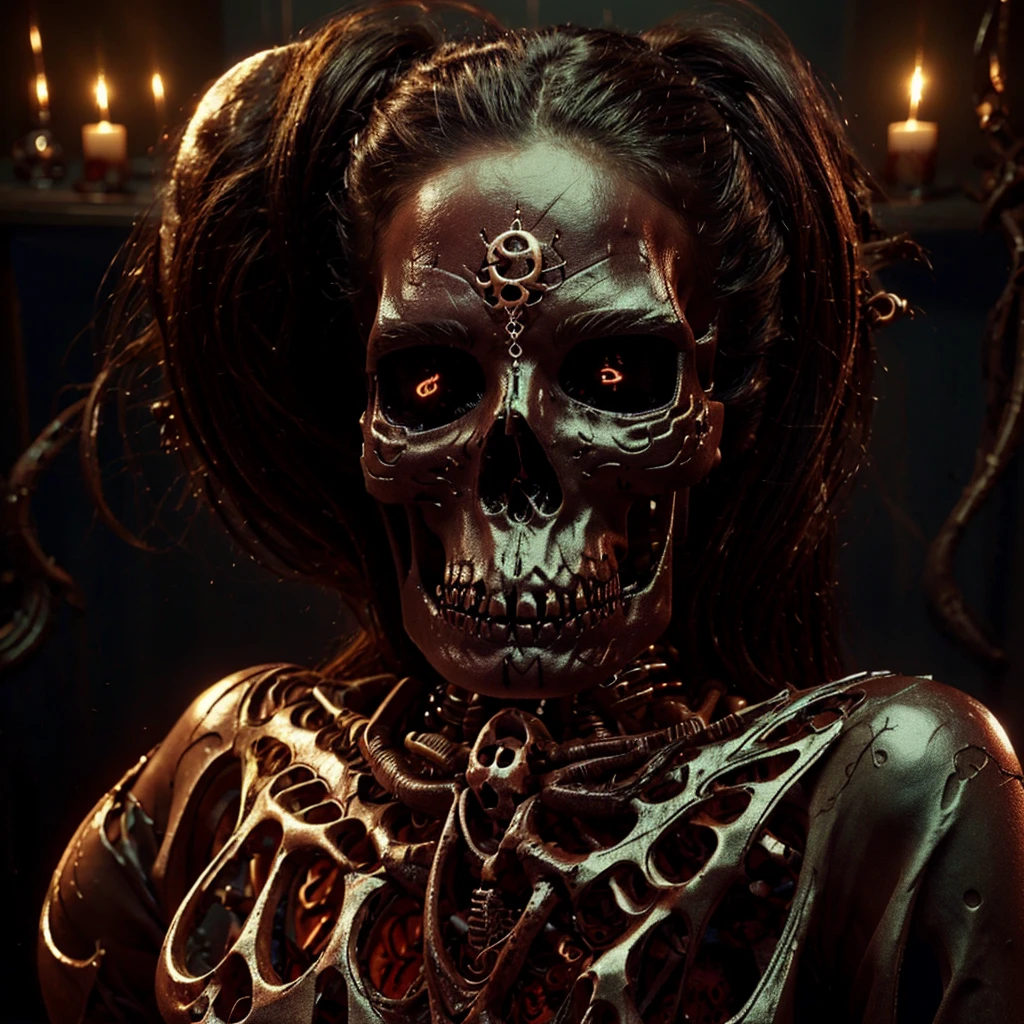 Perfect impure sexy horrific seductive terrific dead girl, skeleton face, beautiful detailed curved lips, dark skull makeup, long detailed messy hair,