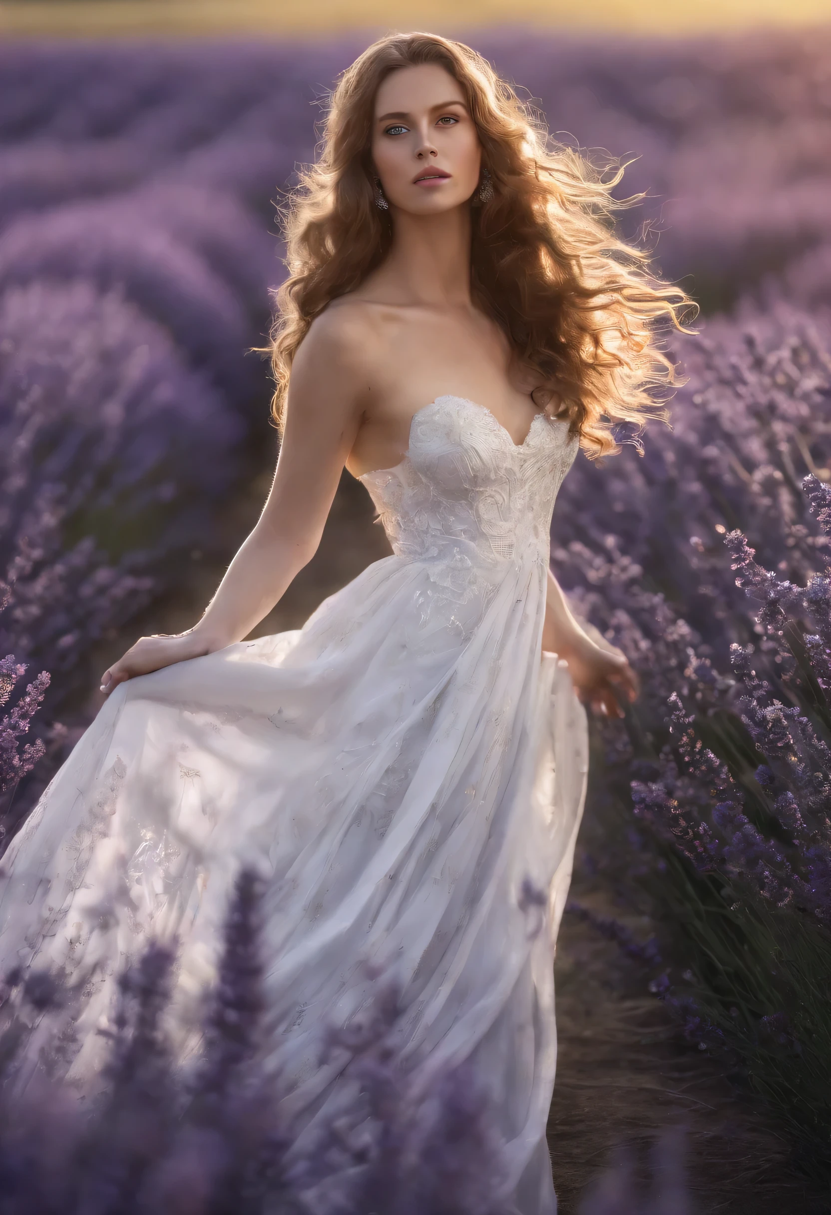 Design a realistic portrait of a beautiful woman in a flowing white gown, Standing in a lavender field. The sunlight captures the delicate details of her dress, create software, Mysterious glow.