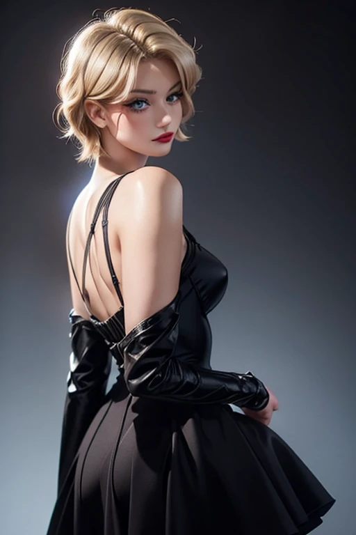 A tall and beautiful {{Lilly Krug (squeezing her ass)), with blonde hair and blue eyes, small nose and full, red lips and curled black eyelashes, {wearing a tight-waisted transparent dress and a pair of black pumps}.