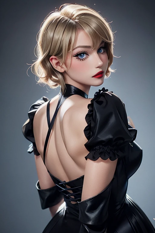 A tall and beautiful {{Lilly Krug (squeezing her ass)), with blonde hair and blue eyes, small nose and full, red lips and curled black eyelashes, {wearing a tight-waisted transparent dress and a pair of black pumps}.